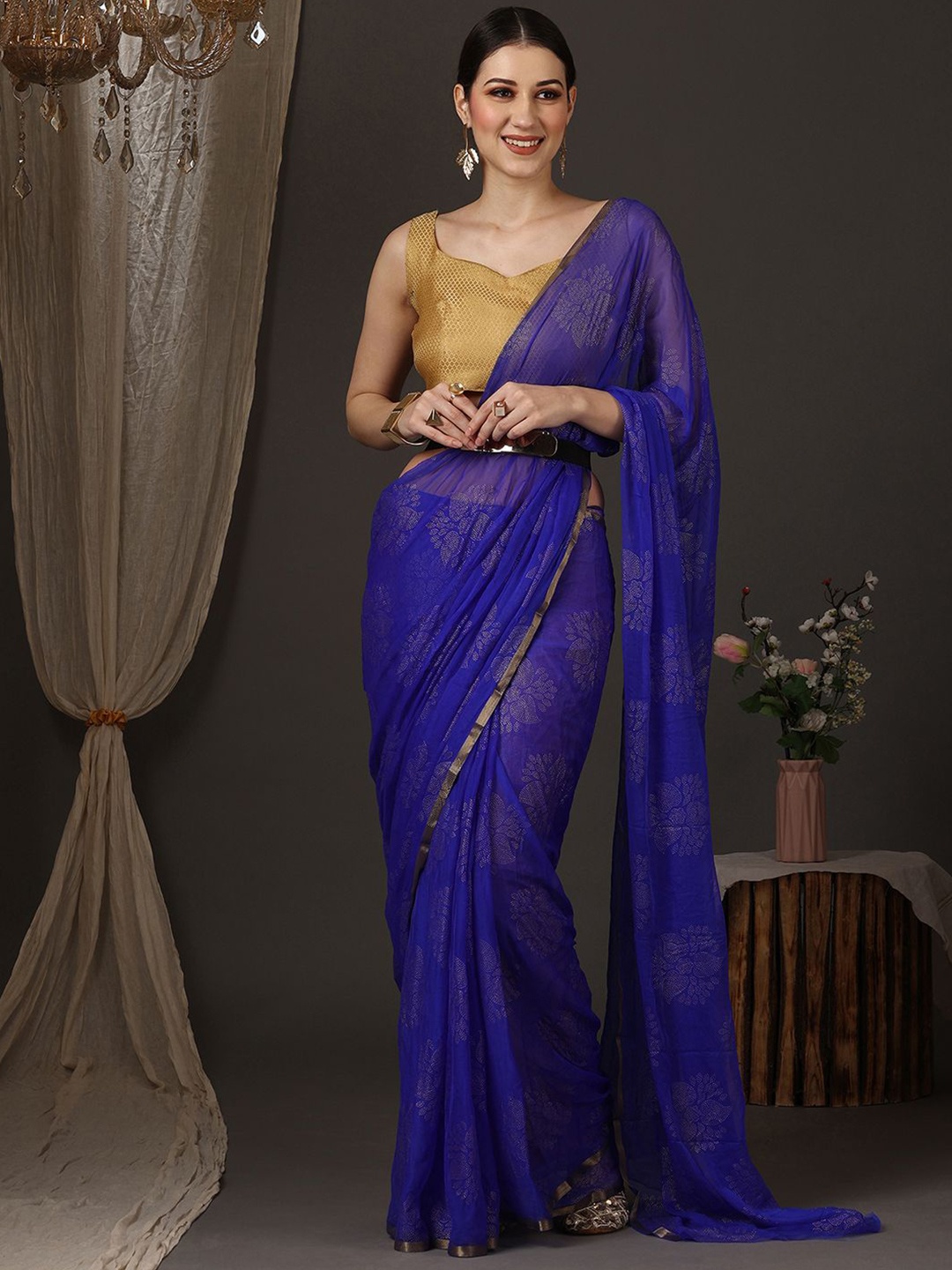 

Mitera Ethnic Motifs Embellished Beads and Stones Pure Chiffon Saree, Blue