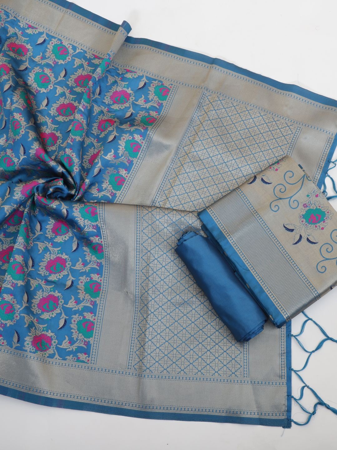 

Suha Floral Woven Design Unstitched Dress Material, Blue