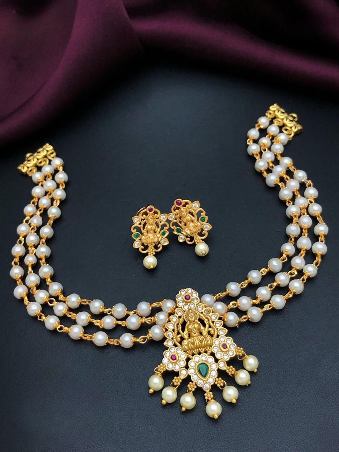 

ROFARWORD Gold-Plated Cubic Zirconia Studded & Beaded Necklace and Earrings