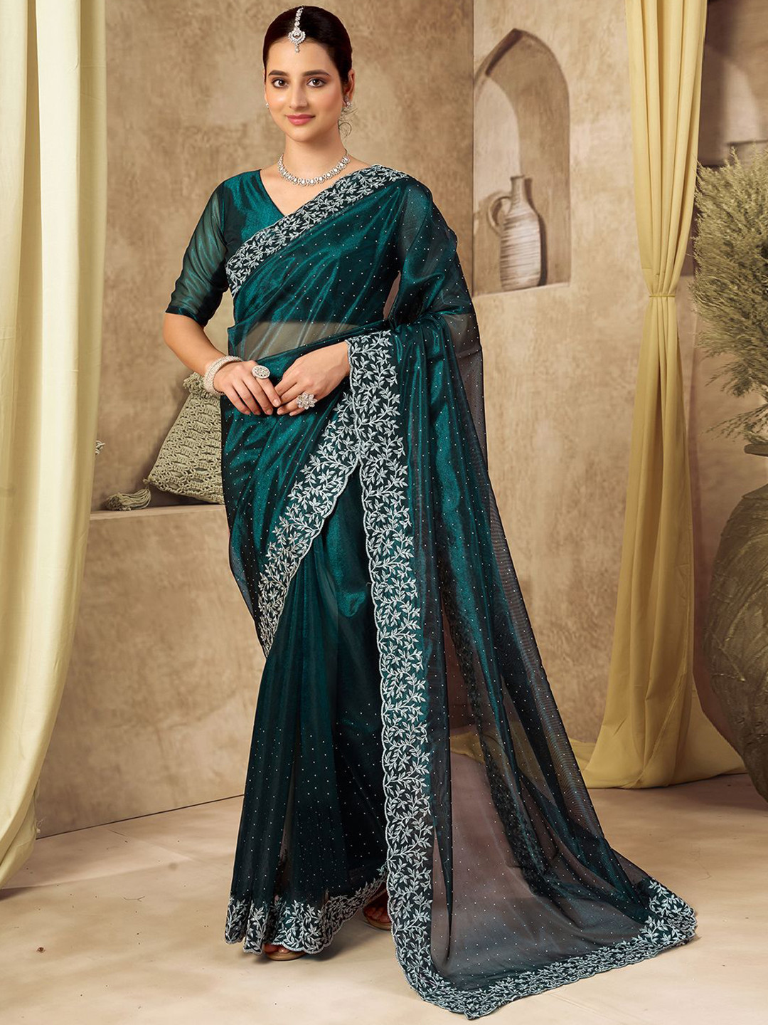 

Mitera Polka Dot Embroidered Supernet Designer Saree, Blue