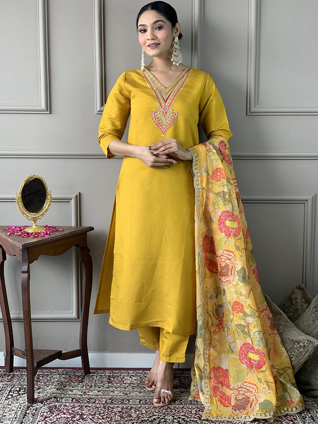 

KALINI Embroidered Sequinned Chanderi Silk Straight Kurta With Trousers & Dupatta, Mustard