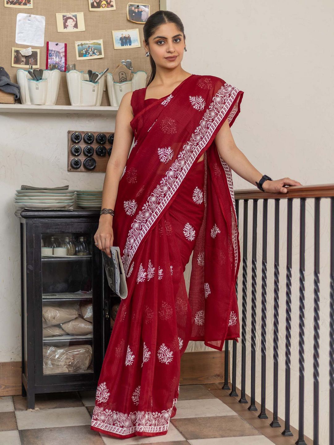 

KALINI Floral Kutchi Embroidery Muga Saree, Red