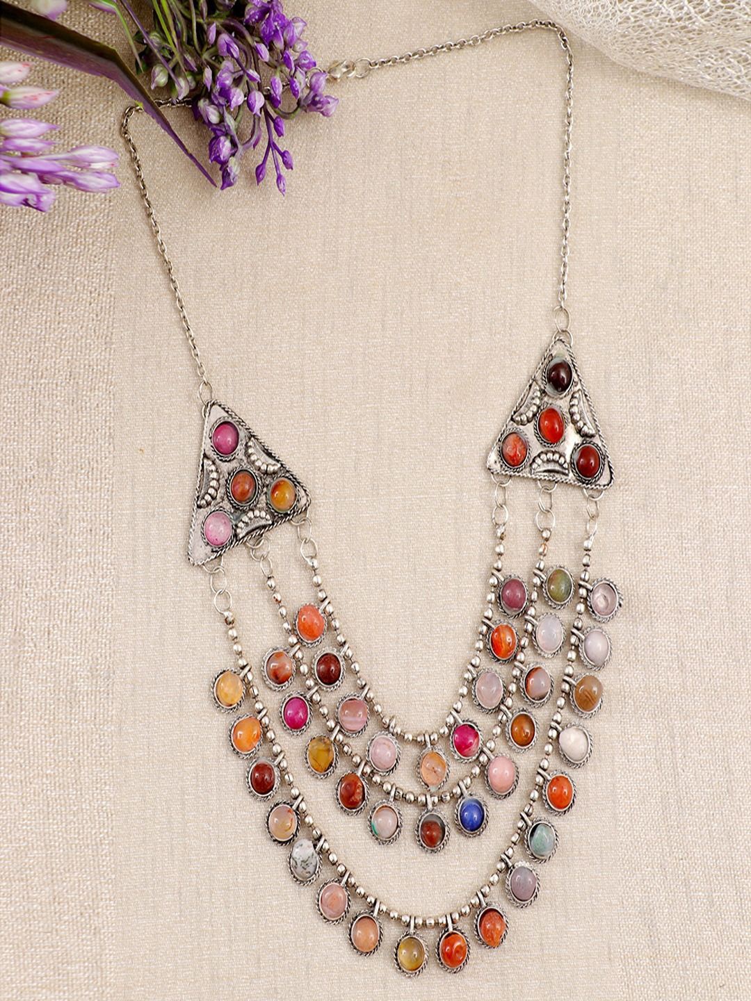 

Sangria Silver-Plated Oxidized Artificial Stones Studded Layered Minimal Necklace