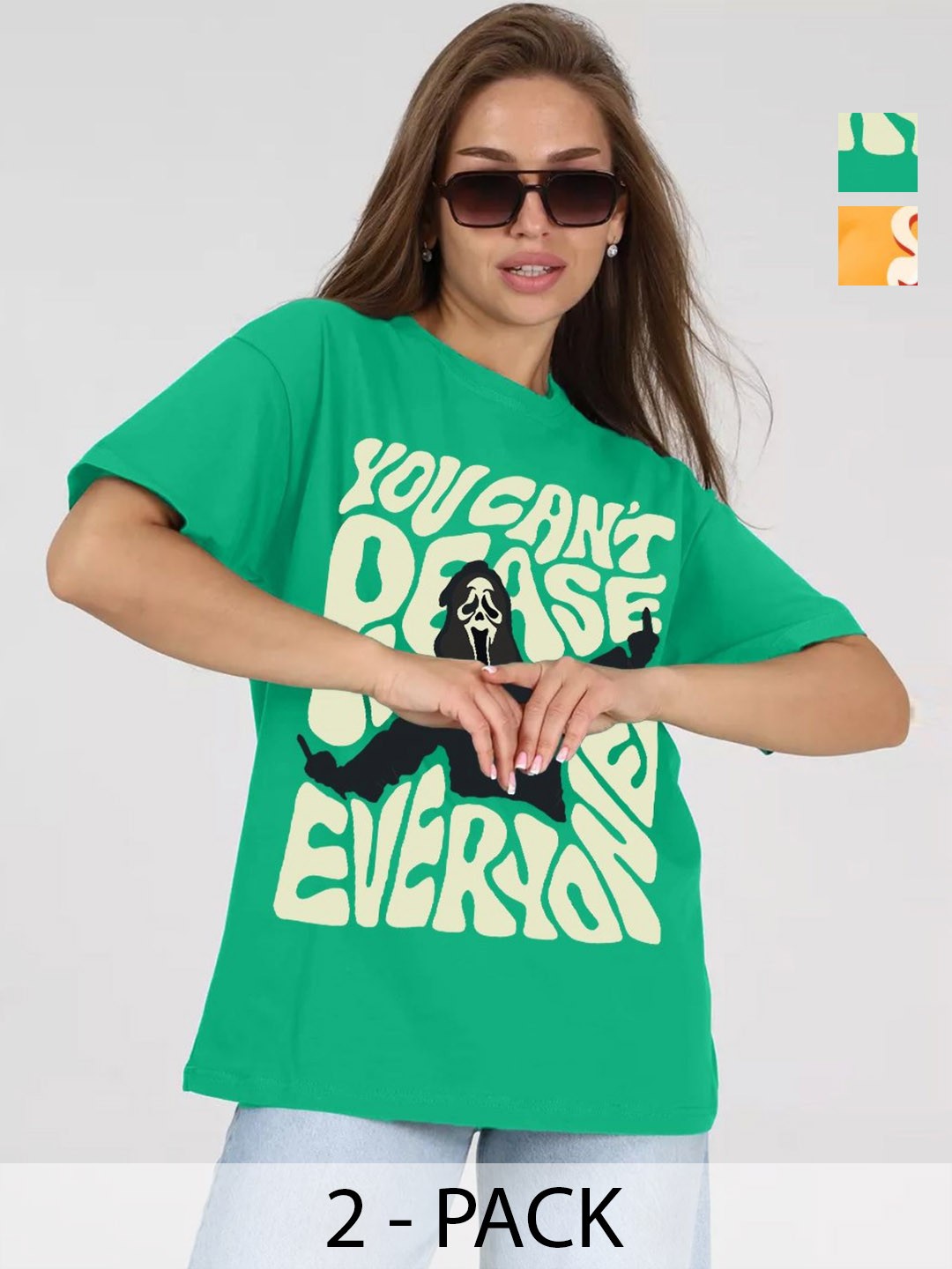 

Leotude Women Pack Of 2 Graphic Printed Round Neck Cotton Oversized T-shirts, Green