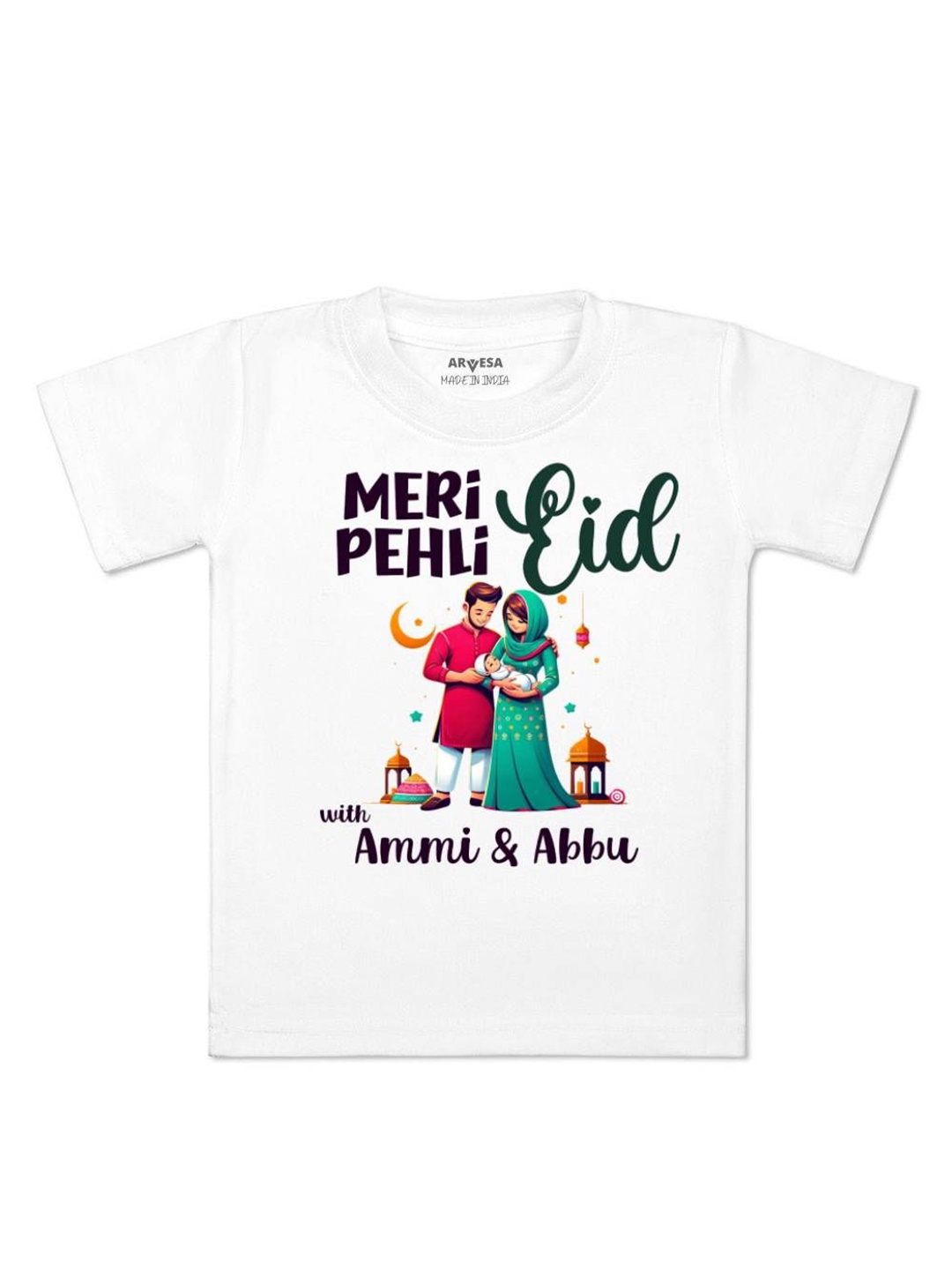 

Arvesa Meri Pehli Eid With Ammi & Abbu Printed Regular Fit Tshirt, White