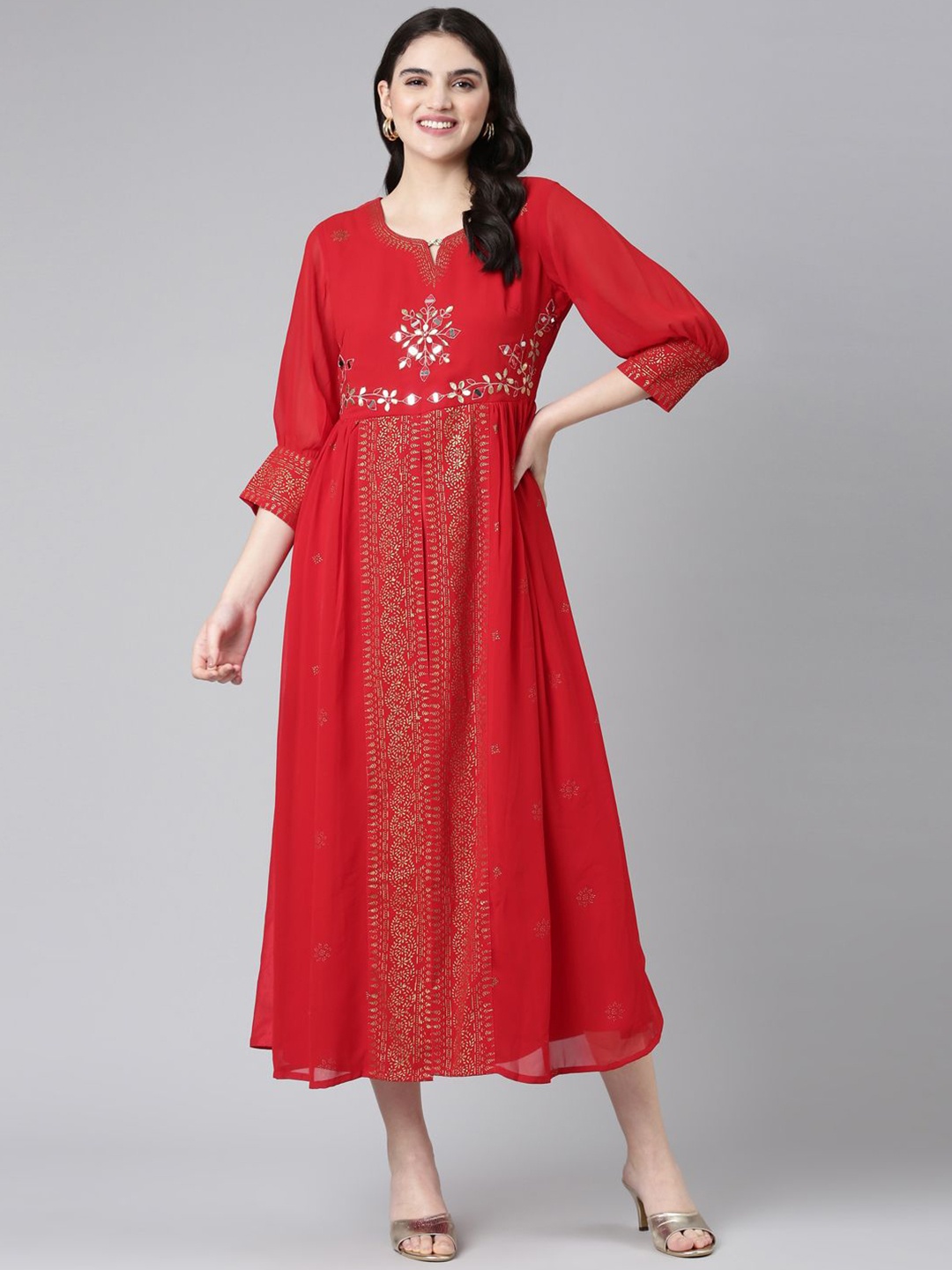 

Neerus Floral Print Georgette Maxi Dress, Red
