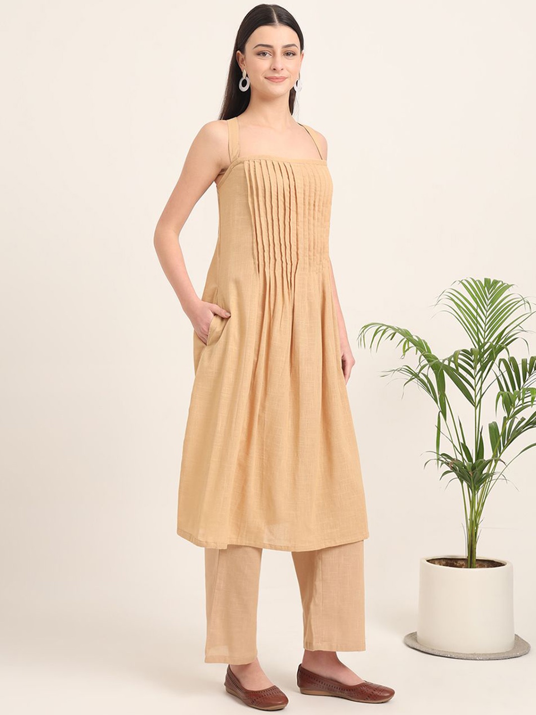 

Thevasa Dreamy Flare Spaghetti Shoulder Straps Neck Pleated Cotton Kurta, Beige