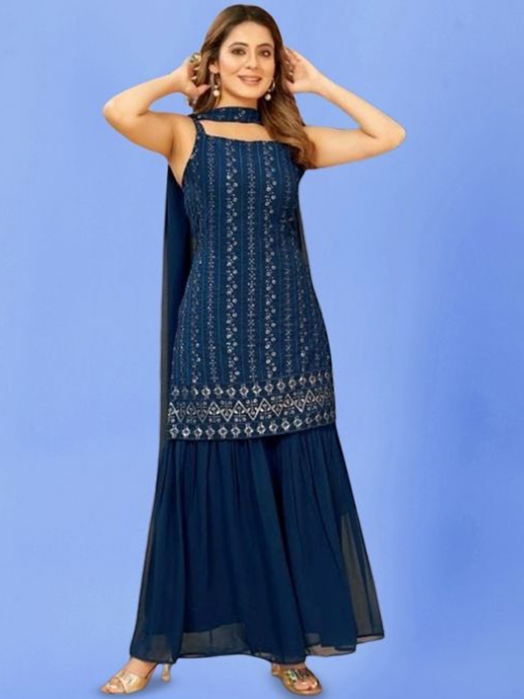 

PARROT CREATION Floral Embroidered Sequinned Georgette Kurti With Sharara And Dupatta, Navy blue
