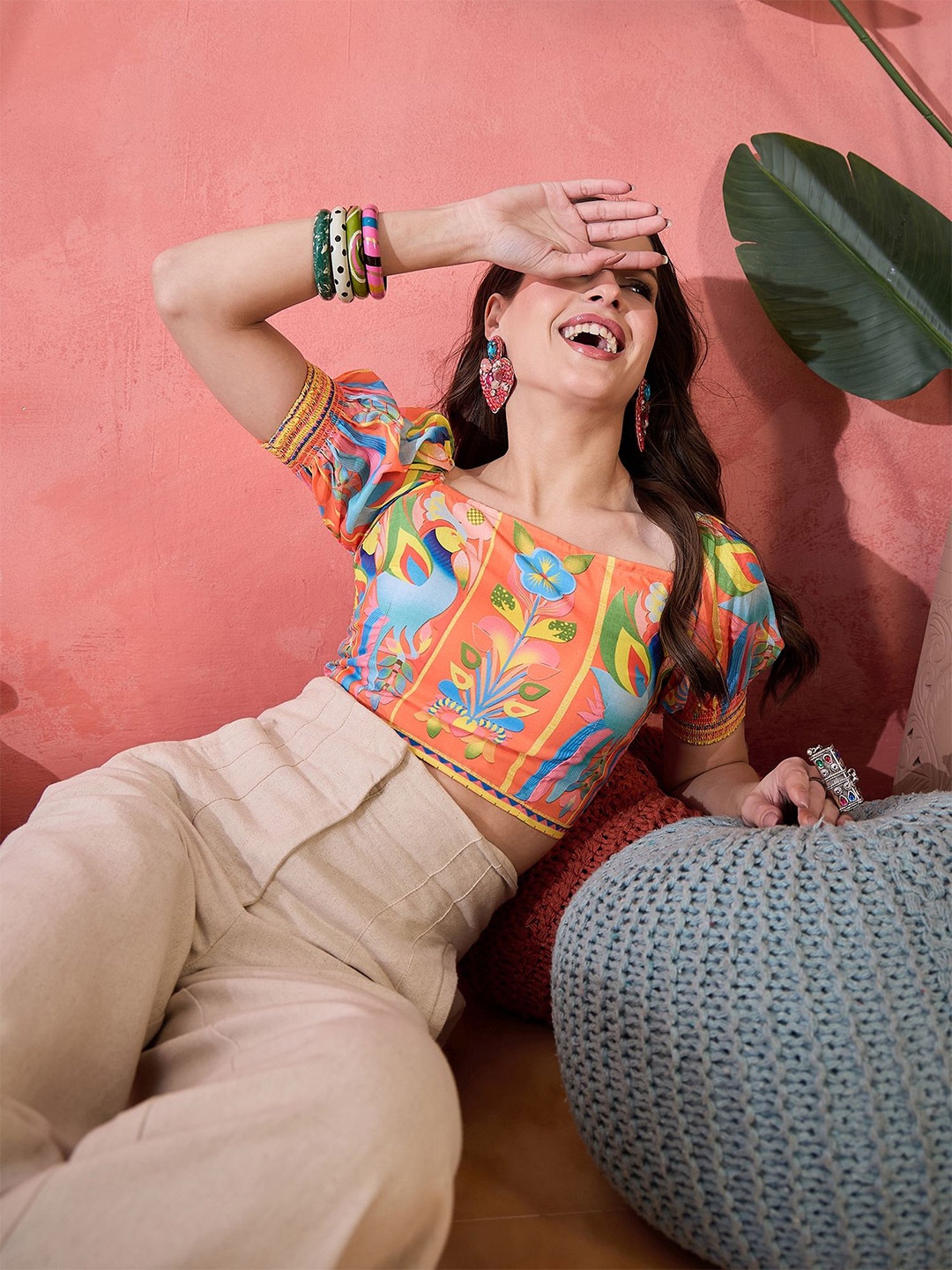 

Sangria Floral Printed Puff Sleeves Crop Top, Orange
