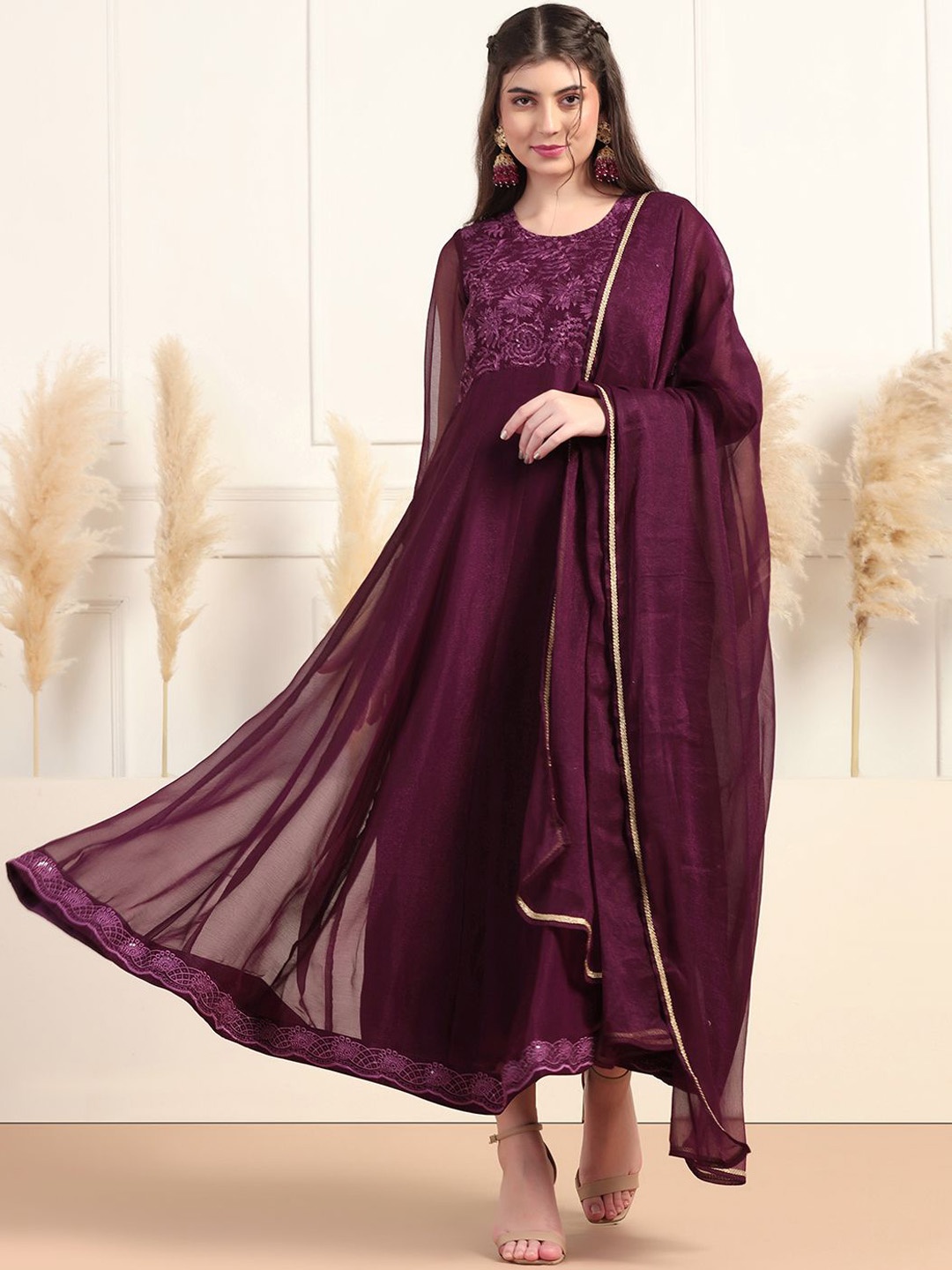 

Sangria Embroidered Anarkali Ethnic Dress With Dupatta, Maroon