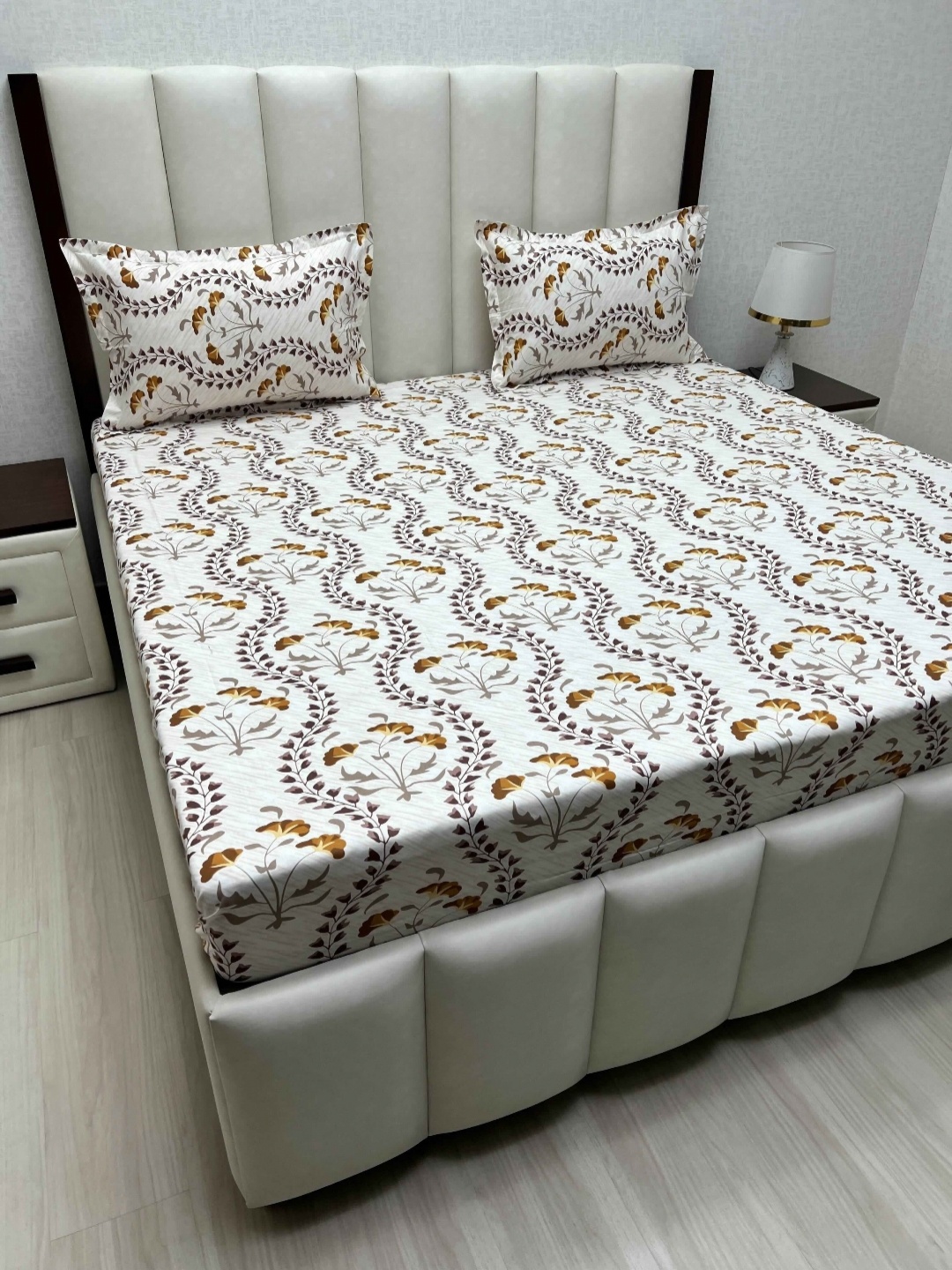 

Pure Decor Velar White Printed Cotton 300 TC Super King Size Bedsheet Set 2.74 m x 3.04 m