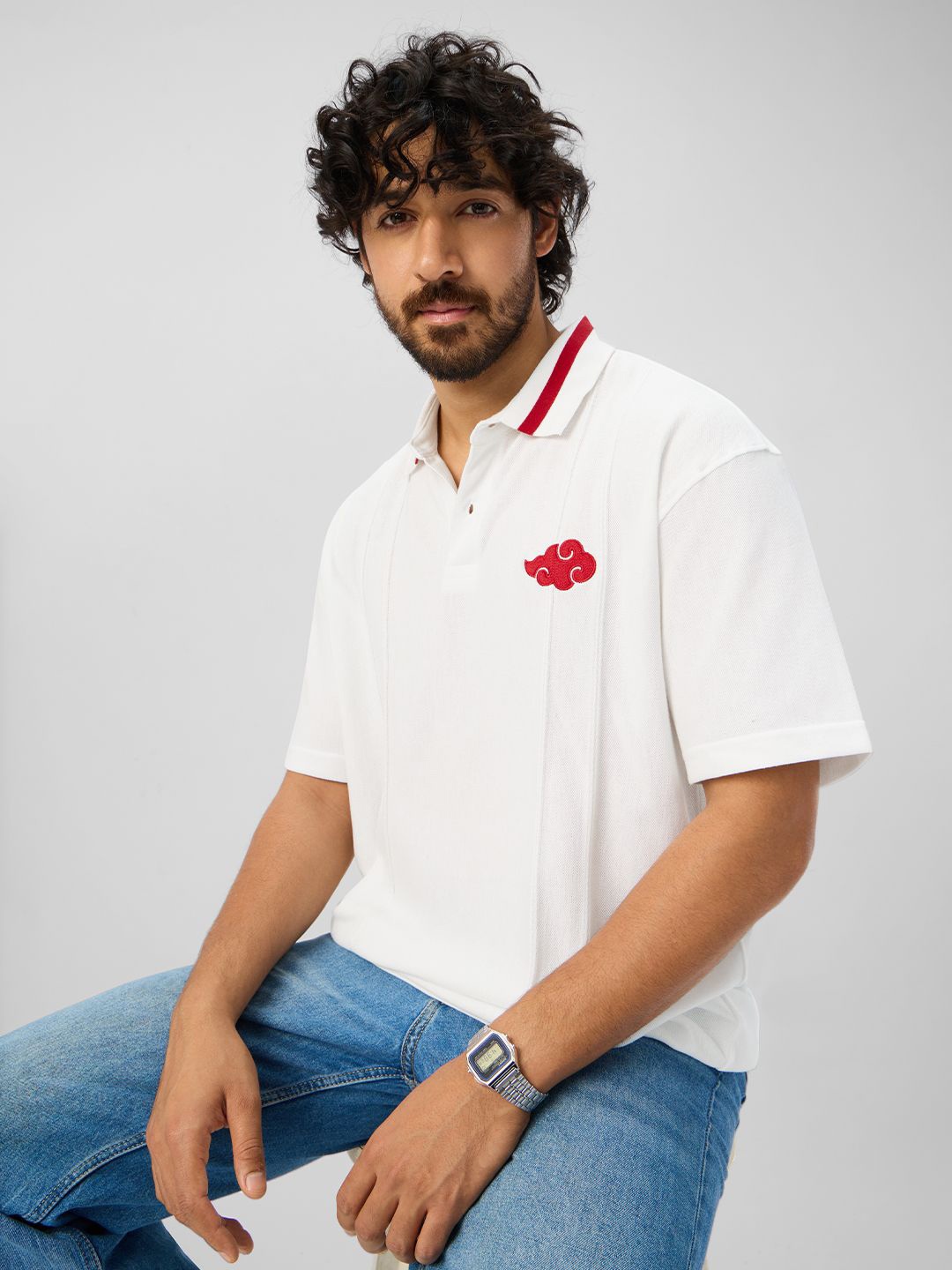 

The Souled Store Men Self Design Polo Collar Cotton Oversized T-shirt, White