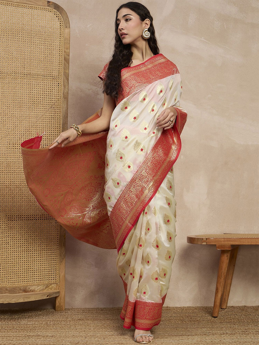 

all about you Woven Design Zari Kanjeevaram Saree, Cream