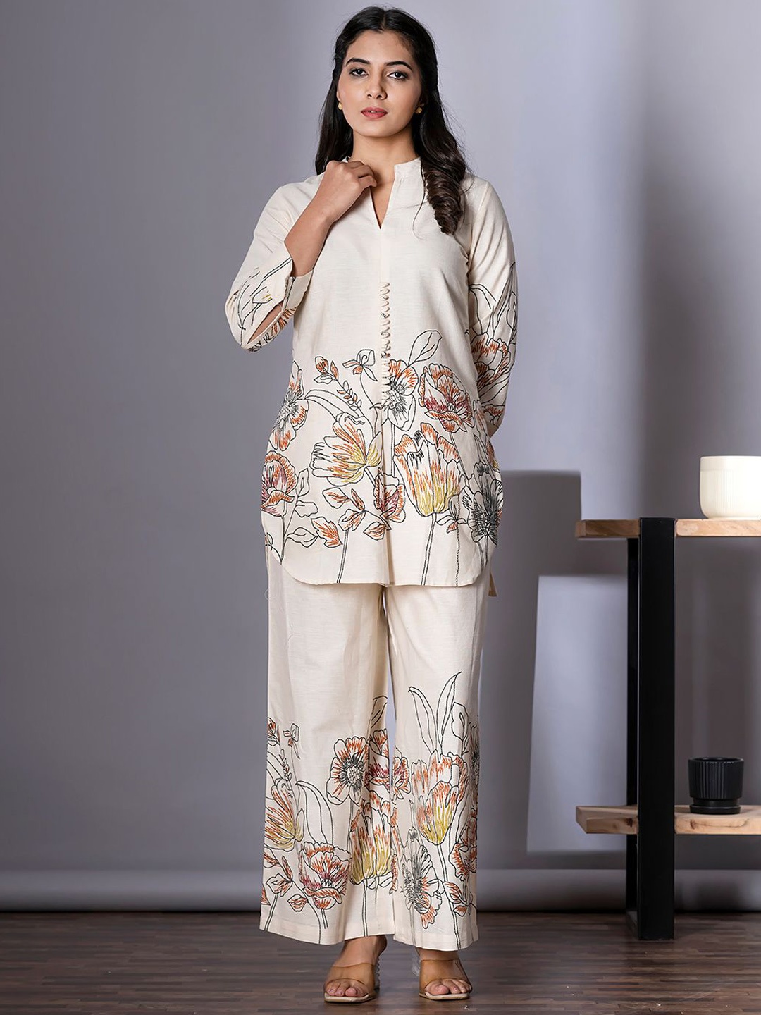 

Readiprint Printed Mandarin Collar Tunic With Palazzo, Off white
