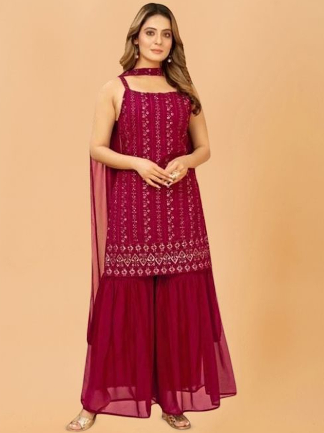 

PARROT CREATION Embroidered Straight Sequinned Kurti With Sharara And Dupatta, Pink