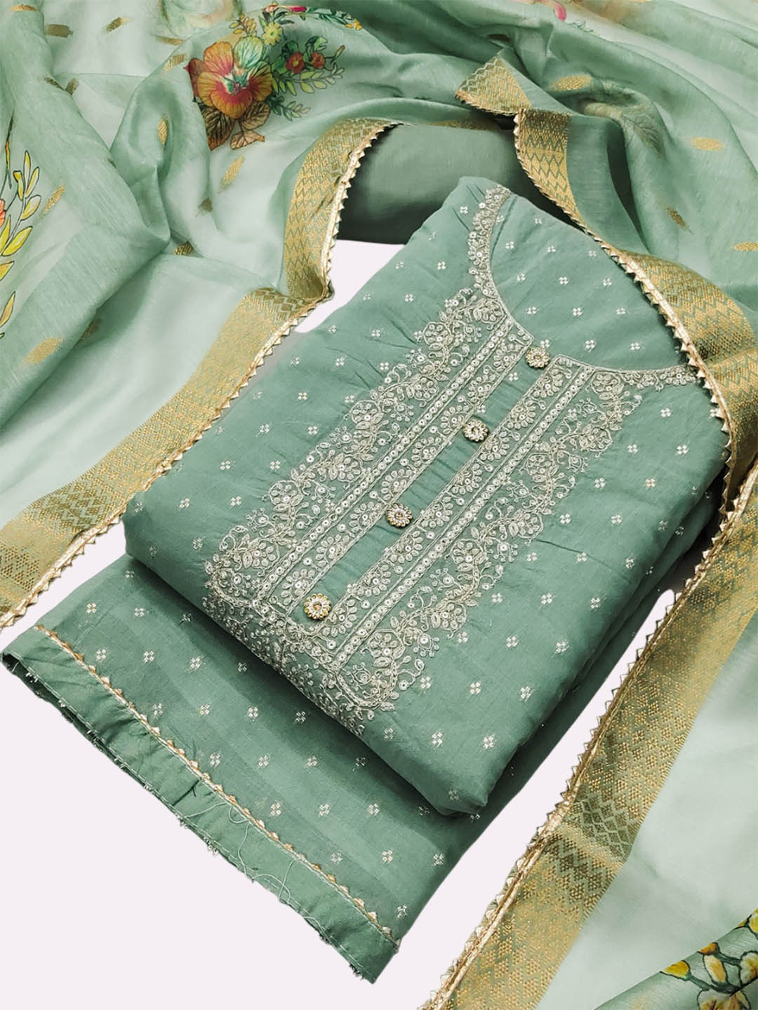 

Riti Woven Design Sequinned Art Silk Unstitched Dress Material, Sea green