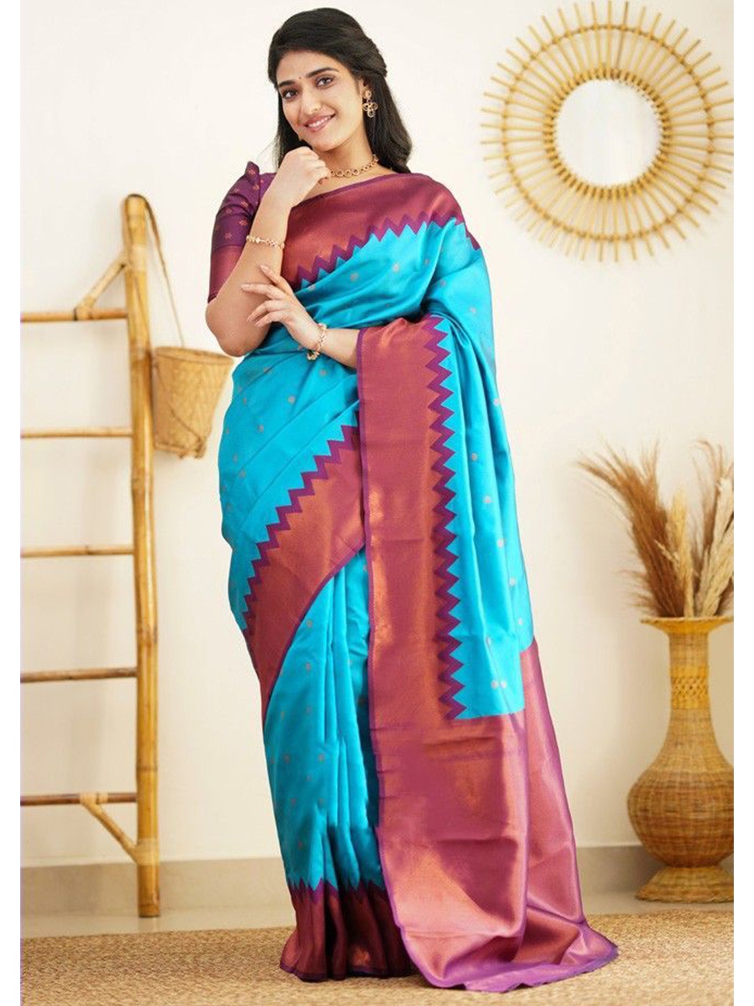 

JULEE Woven Design Zari Pure Silk Banarasi Saree, Turquoise blue