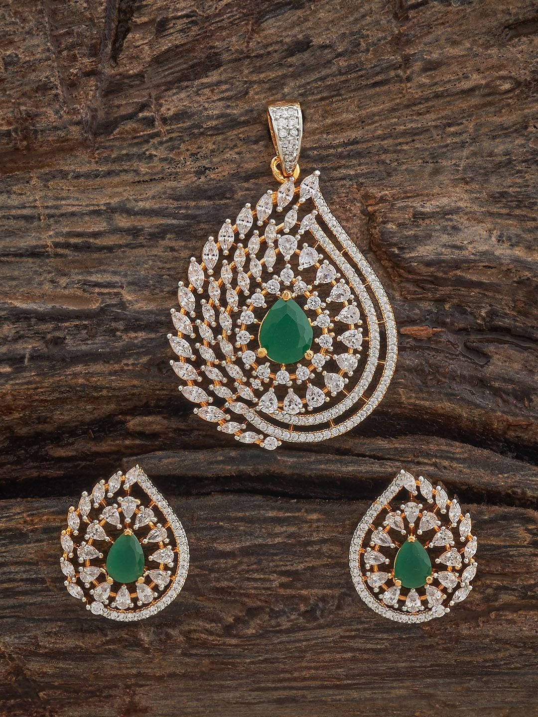 

Kushal's Fashion Jewellery Green Rhodium Gold-Plated Party Zircon Pendant Set