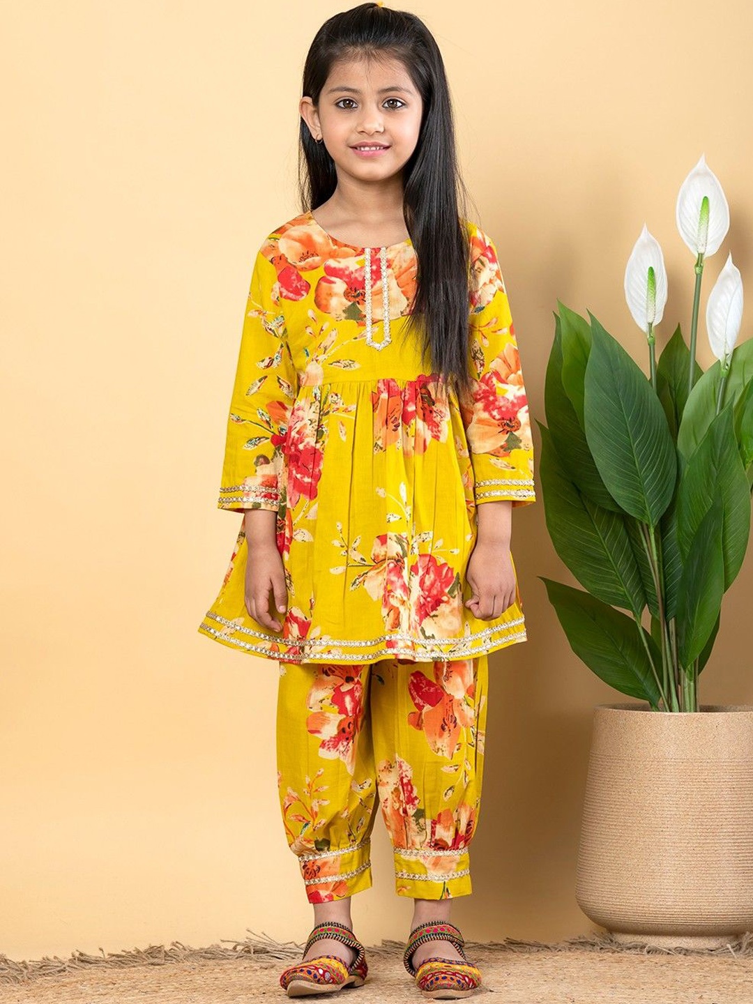 

Readiprint Girls Printed Gotta Patti Pure Cotton Anarkali Kurta with Salwar, Mustard