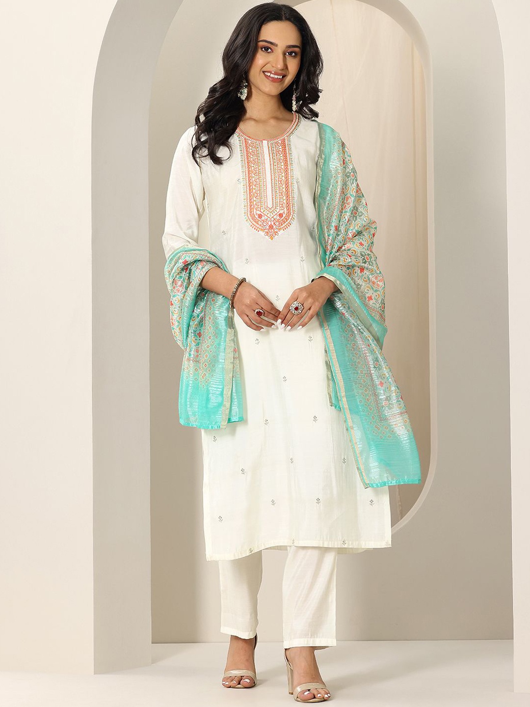 

Libas Ethnic Motifs Embroidered Round Neck Kurta With Trousers And Dupatta, White