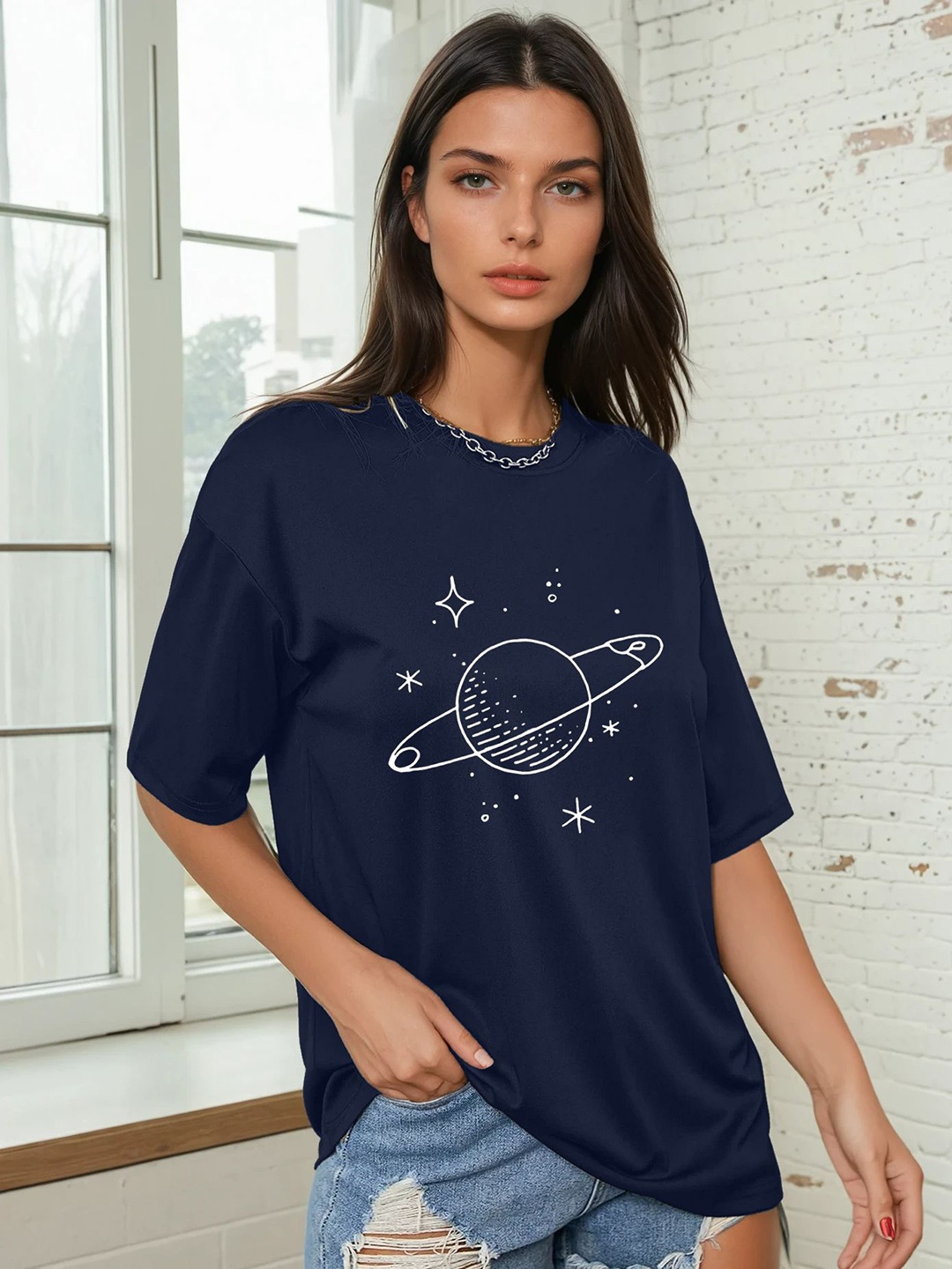 

The Roadster Lifestyle Co Galaxy Print Drop Shoulder Relaxed Fit T-Shirt, Navy blue
