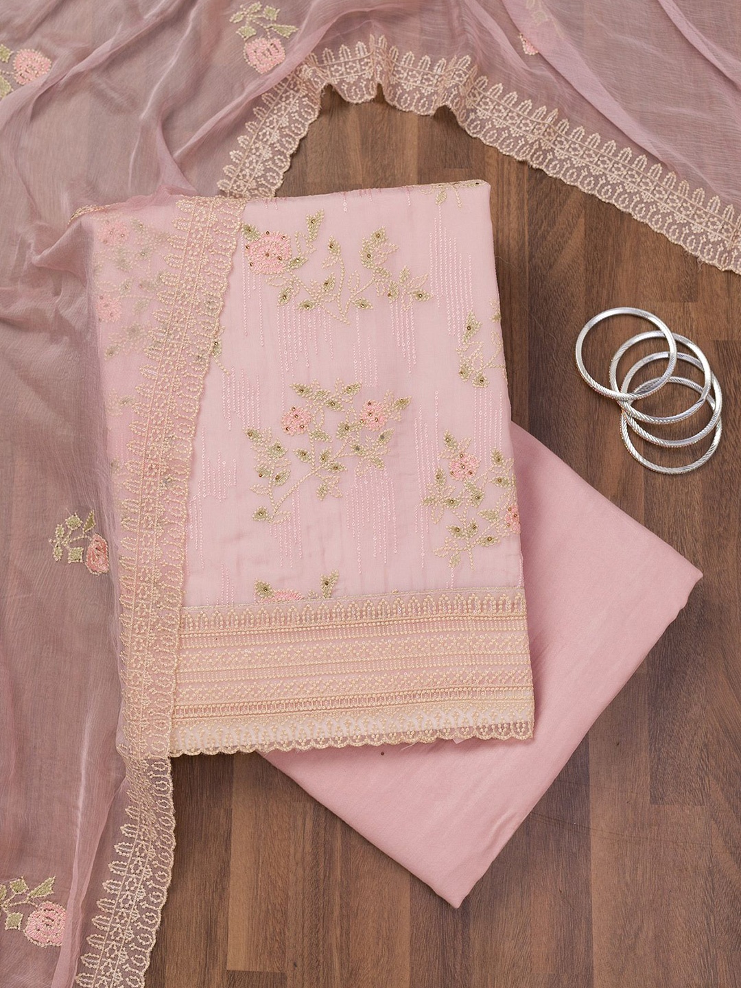 

Koskii Floral Embroidered Unstitched Dress Material, Pink