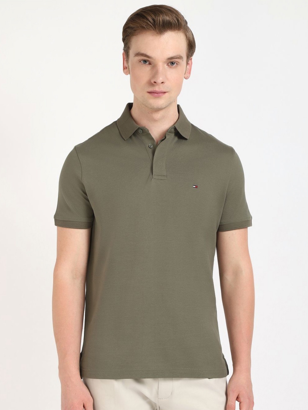 

Tommy Hilfiger Men Solid Polo Collar Cotton T-shirt, Olive