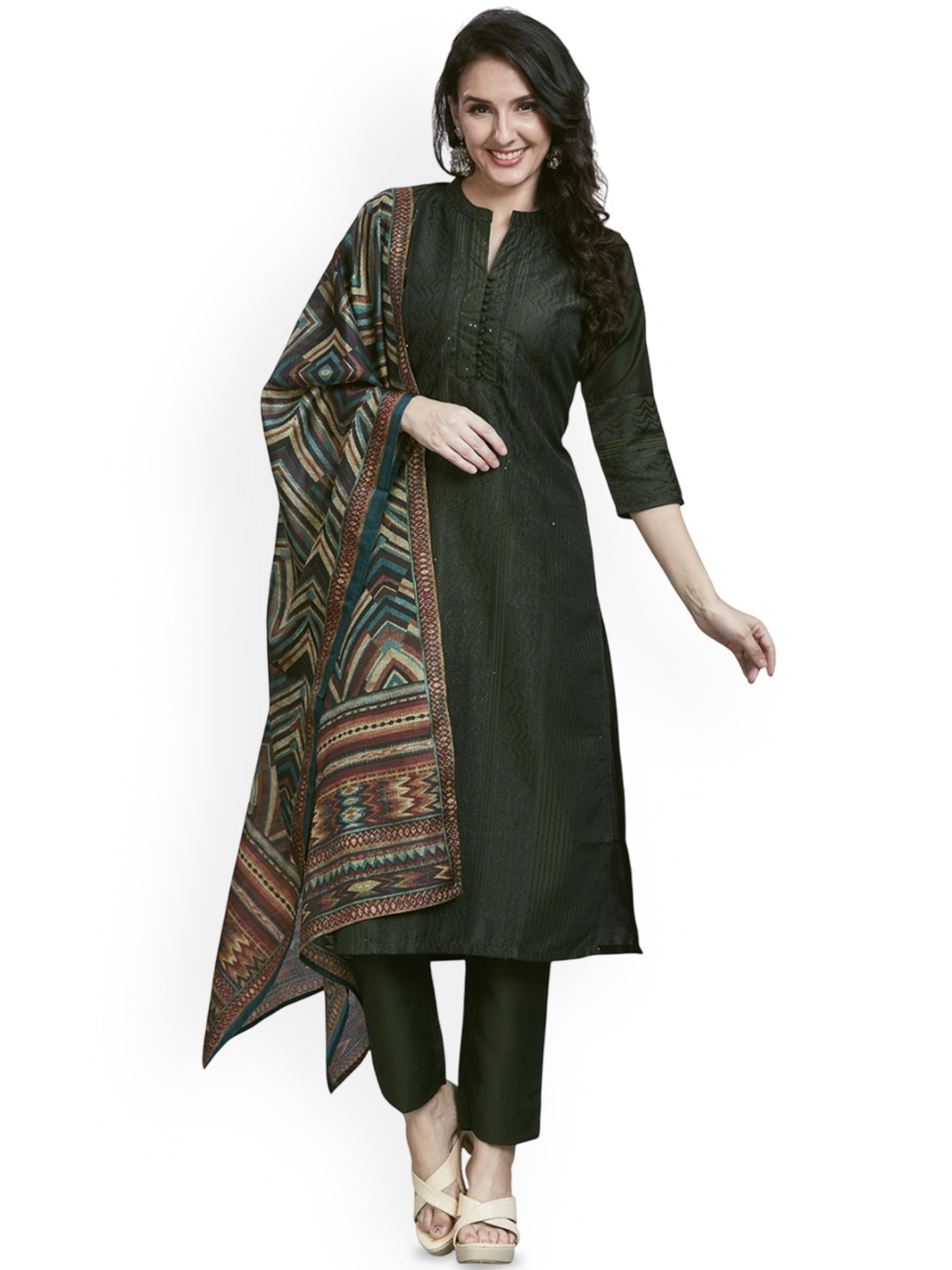 

Nioni Self Design Mandarin Collar Chanderi Silk Straight Kurta With Trousers & Dupatt, Green