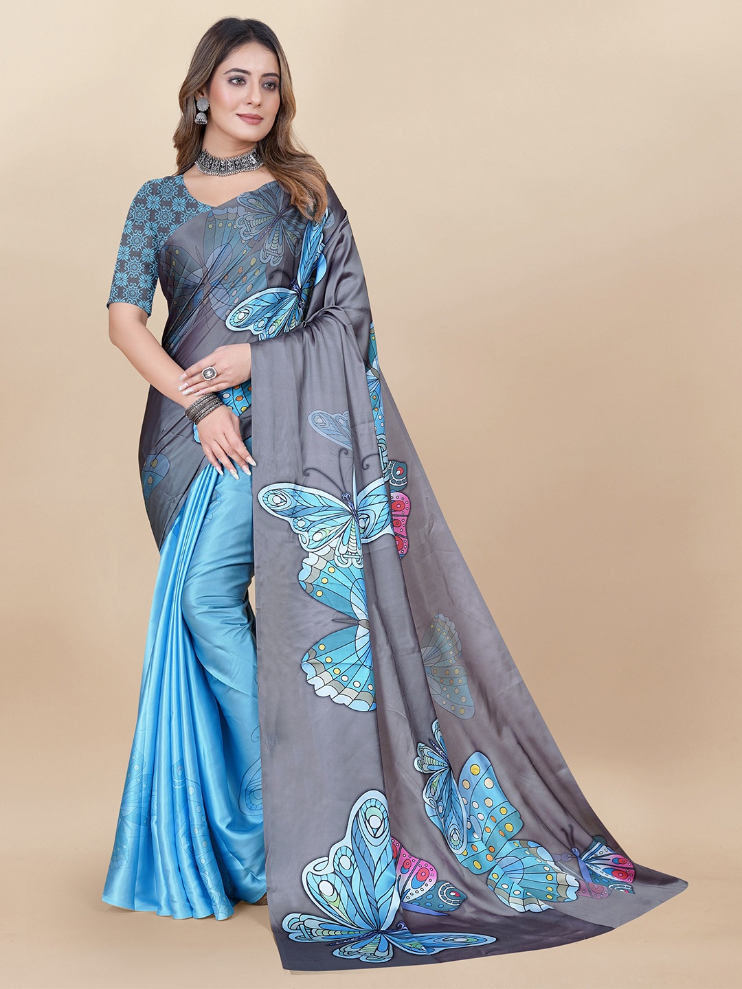 

DIVASTRI Floral Satin Saree, Blue