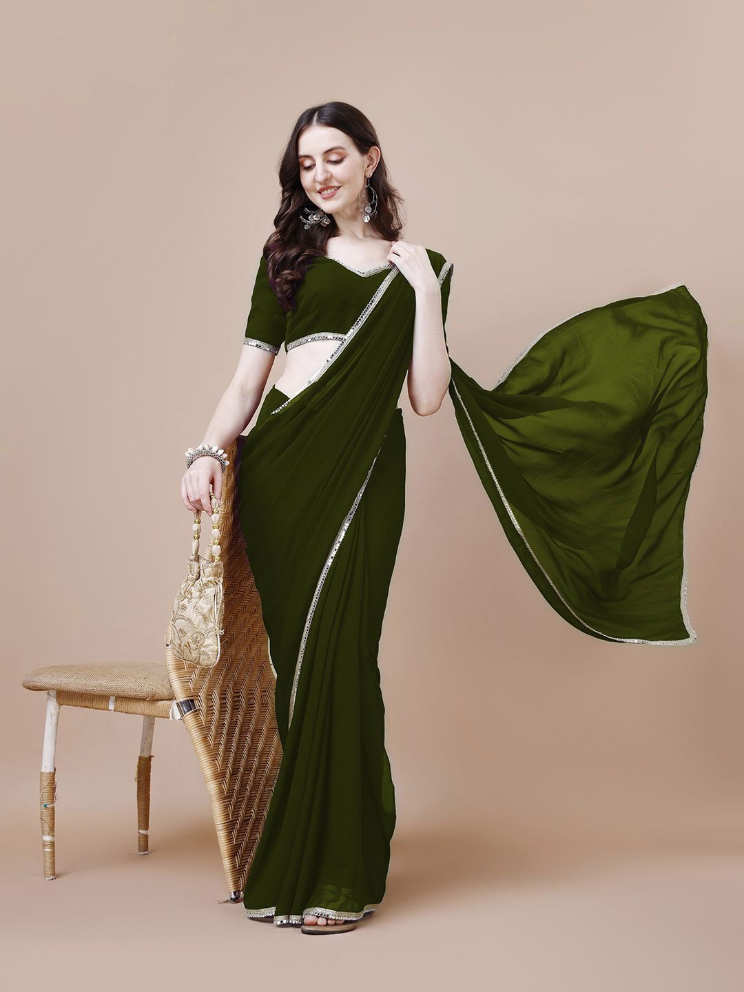

Rensa Embellished Mirror Work Pure Georgette Saree, Green