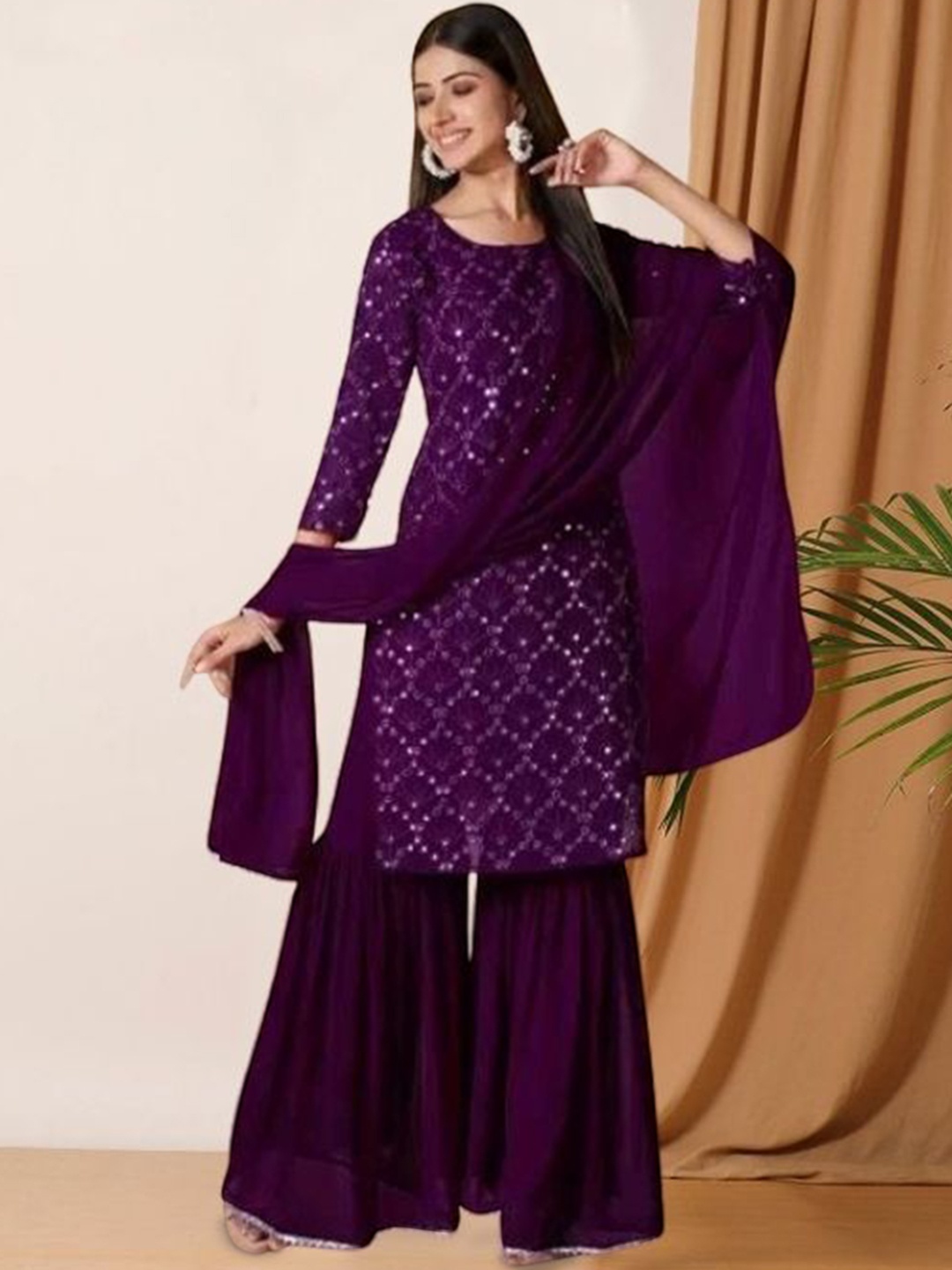

PARROT CREATION Floral Embroidered Sequinned Georgette Kurta With Sharara And Dupatta, Purple