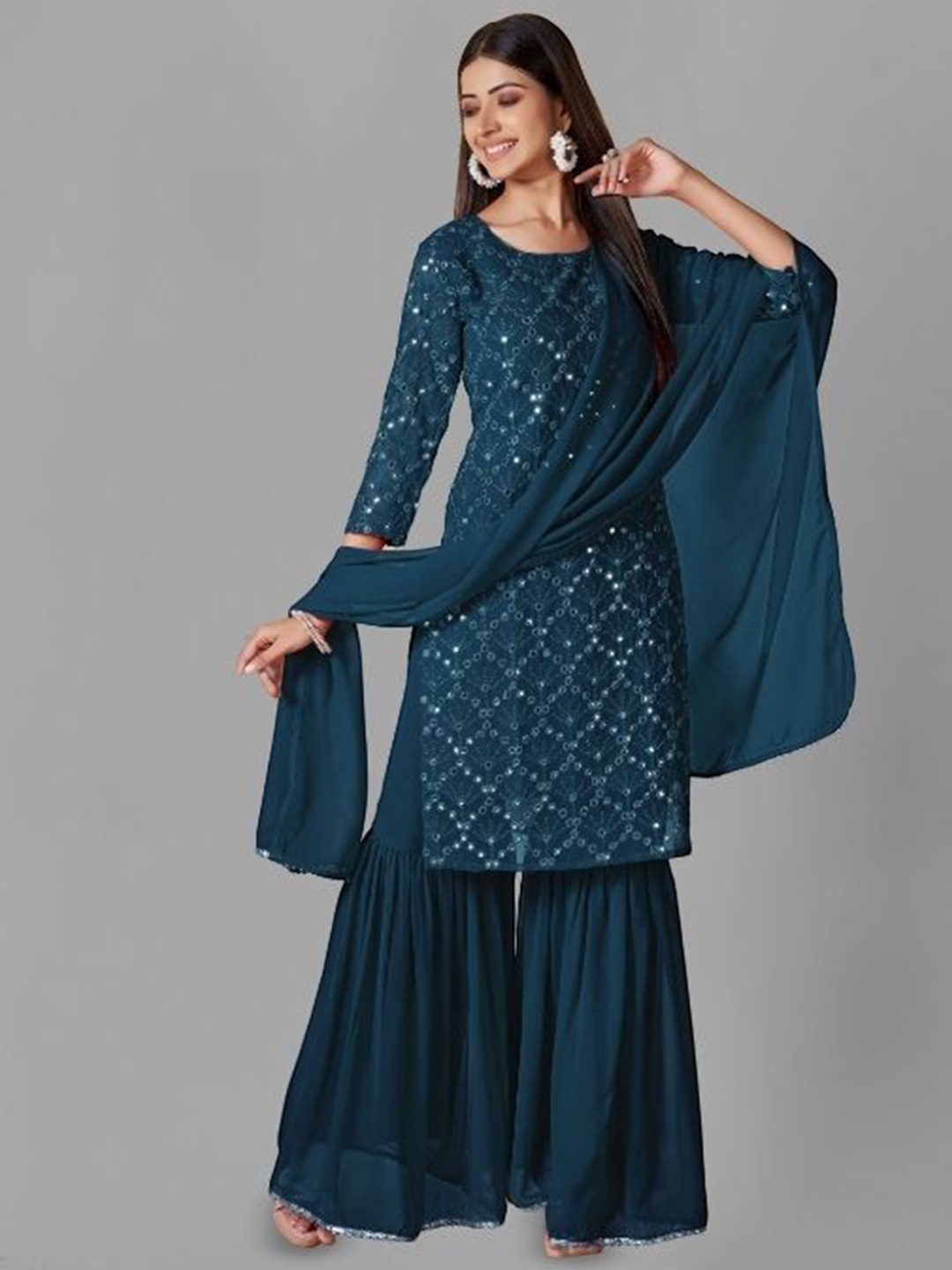 

PARROT CREATION Floral Embroidered Georgette Straight Kurta With Sharara & Dupatta, Teal