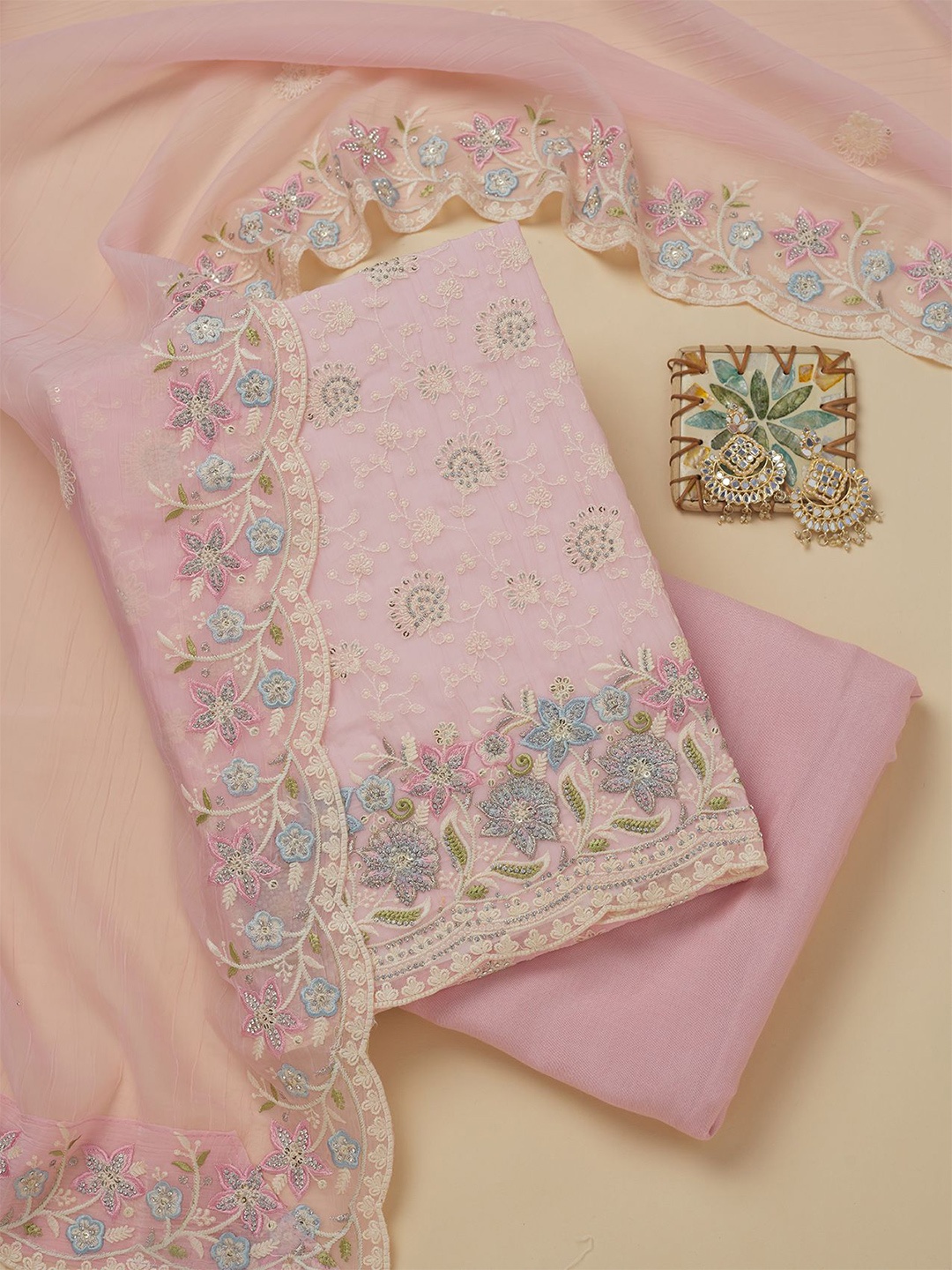 

Koskii Floral Embroidered Sequinned Unstitched Dress Material, Pink