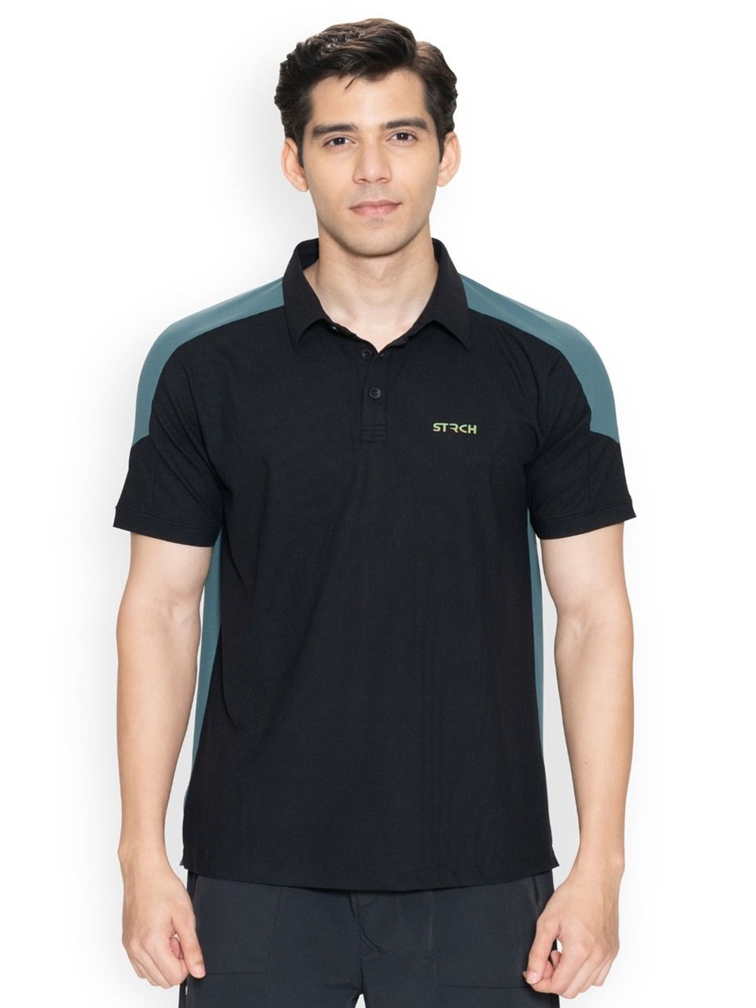 

STRCH Men Anti Odour Colourblocked Polo Collar T-shirt, Black