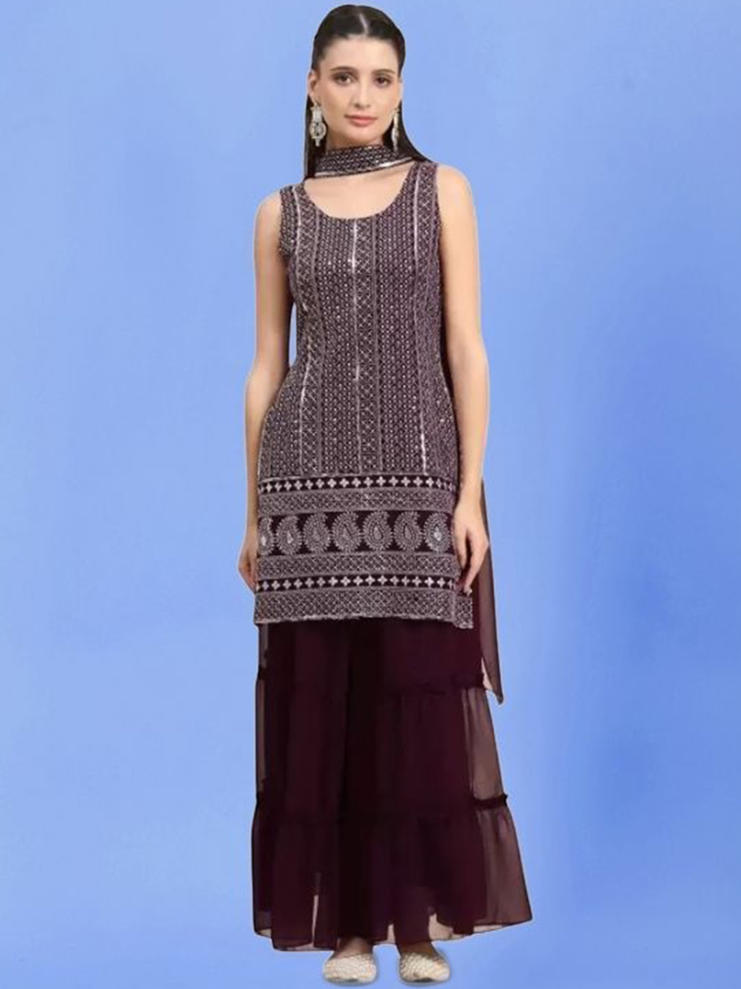 

PARROT CREATION Geometric Embroidered Georgette Straight Kurti With Sharara & Dupatta, Burgundy