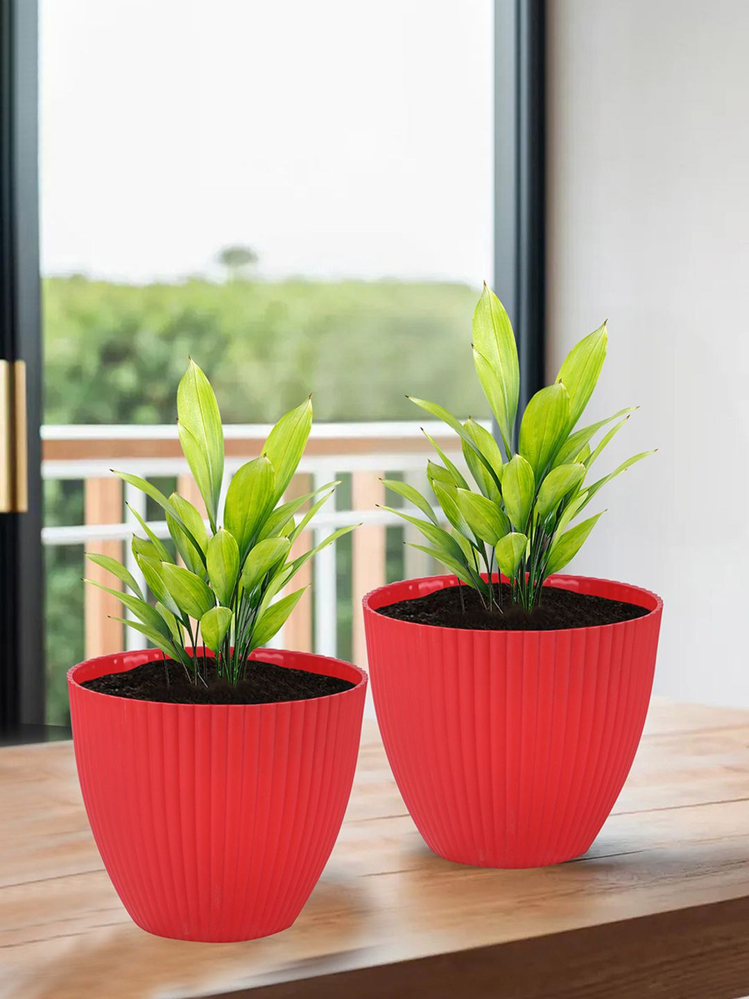 

Kuber Industries Red 4 Pieces Textured Flower Pots for Garden