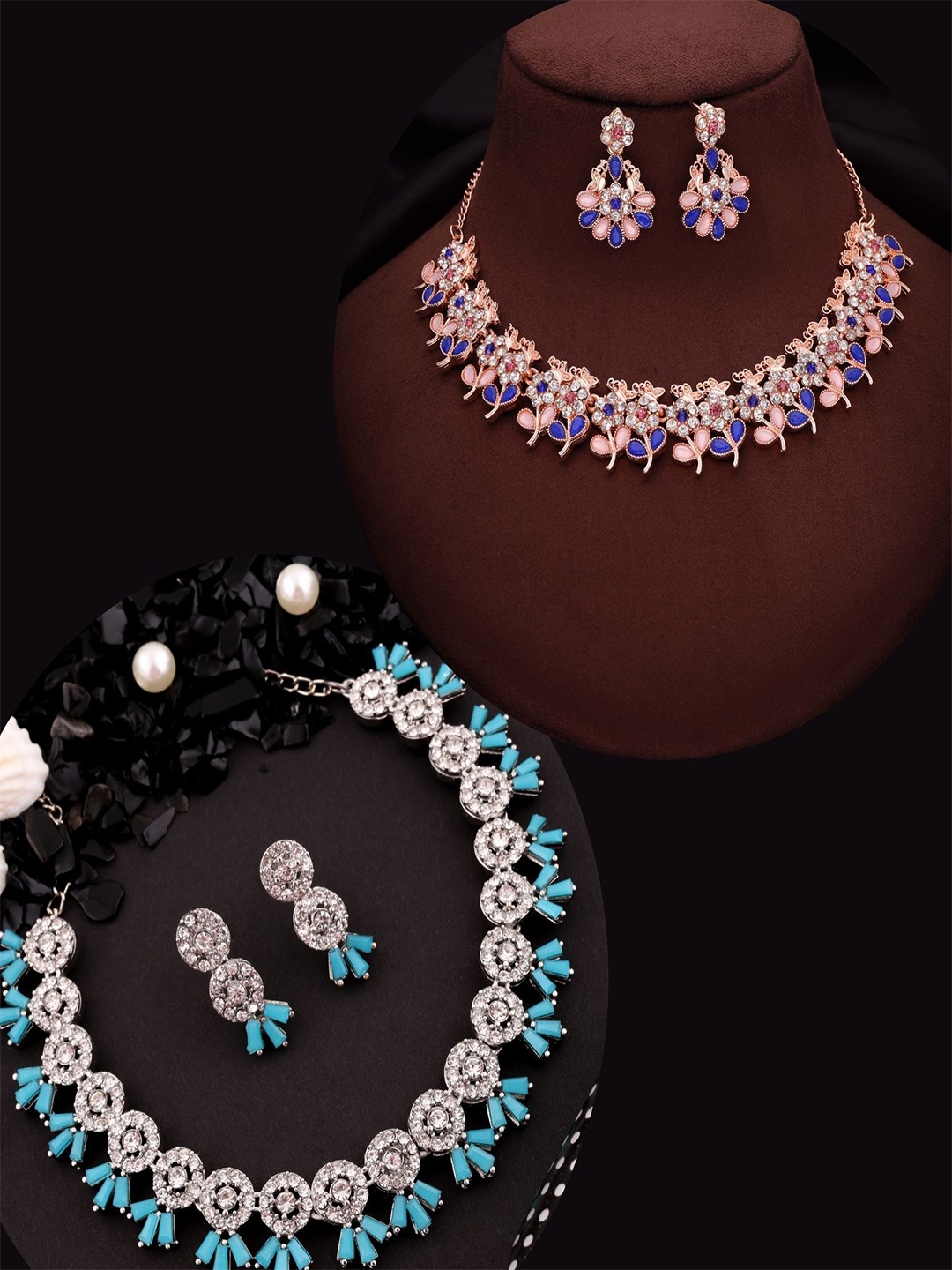

DIVASTRI Set Of 2 Gold & Silver Plated Artificial Stones Studded Necklace And Earrings