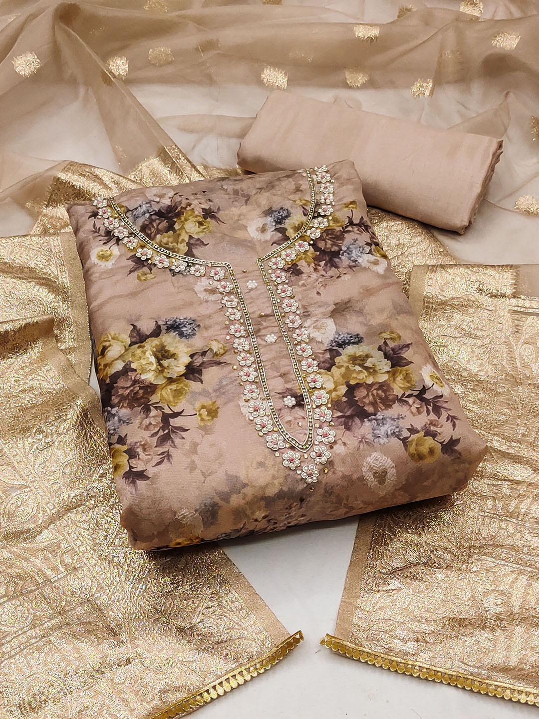 

SAINOOR Floral Embellished Beaded Organza Semi-Stitched Dress Material, Beige