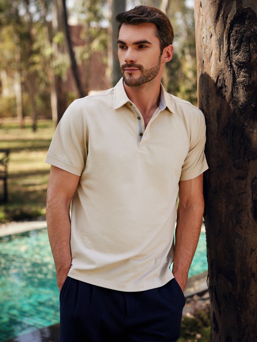 

EAZY Men Solid Polo Collar Cotton T-shirt, Beige