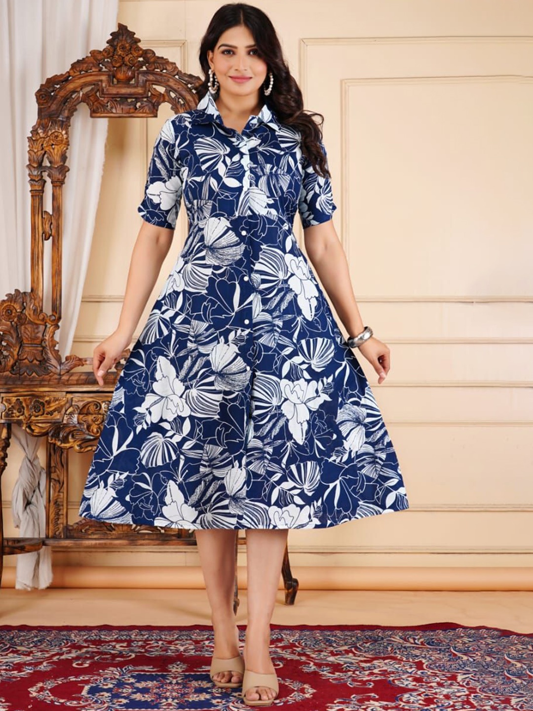 

Divsy Fashion Floral Printed Shirt Collar Cotton A-Line Ethnic Dress, Blue