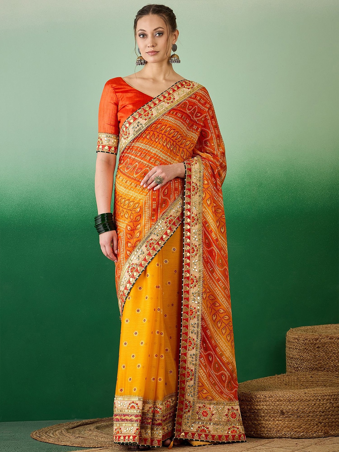 

DIVASTRI Bandhani Embroidered Pure Chiffon Half and Half Bandhani Saree, Yellow