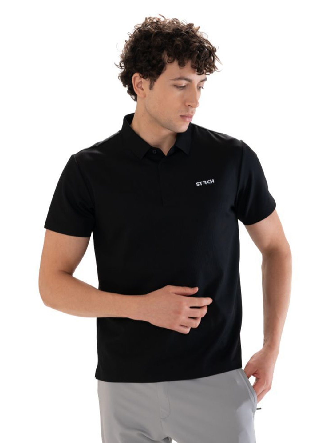 

STRCH Men Anti Odour Solid Polo Collar T-shirt, Black