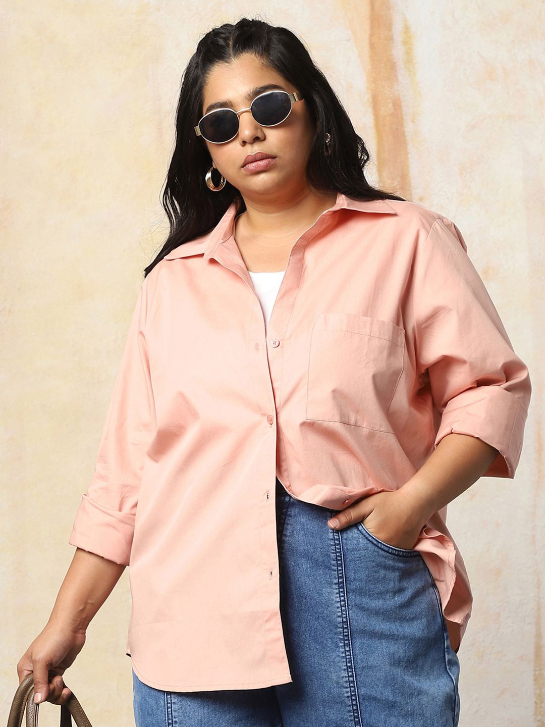 

Freeform by High Star Women Oversized Fit Opaque Casual Cotton Shirt, Peach