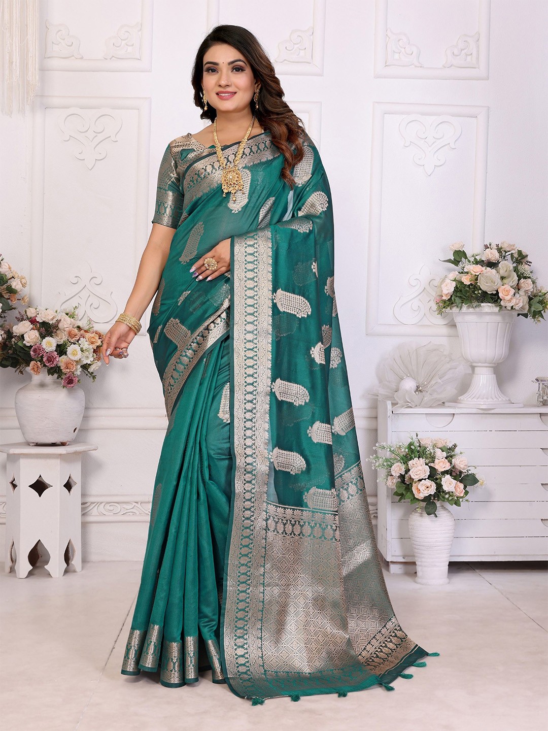 

Moda Rapido Woven Design Zari Organza Banarasi Saree, Turquoise blue