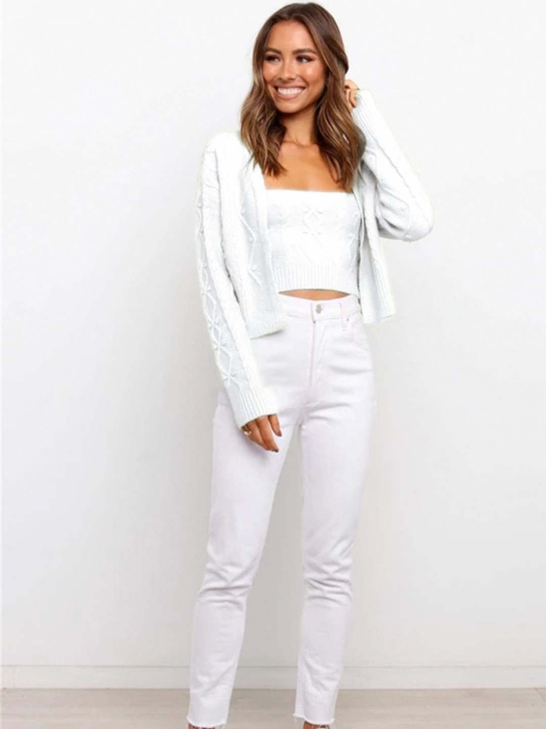

Oh Rare Twisted Rope Knitted Acrylic Loose-Fit Cardigan With Crop Top, White