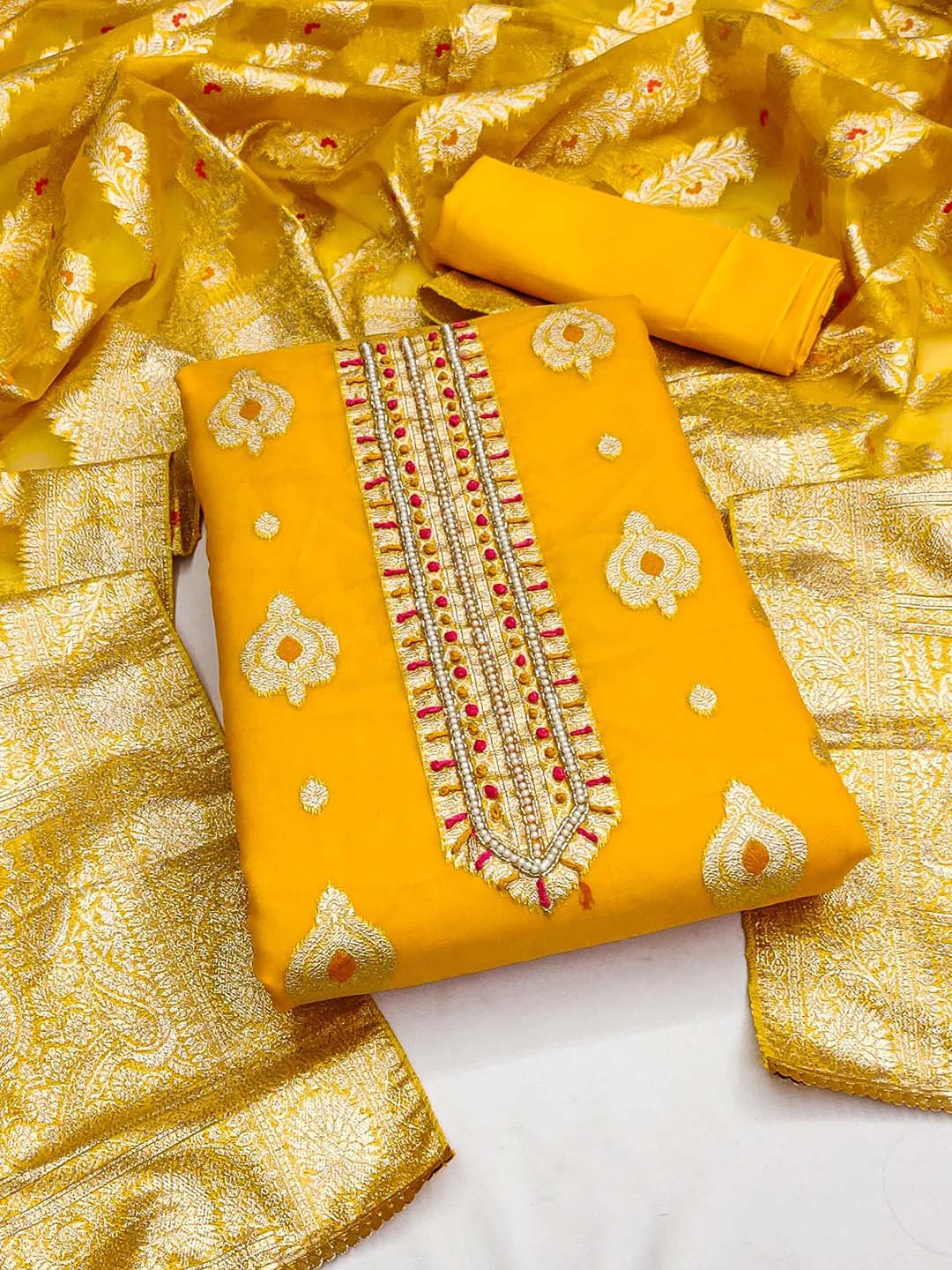 

SAINOOR Ethnic Motifs Woven Design Thread Work Organza Semi-Stitched Dress Material, Yellow