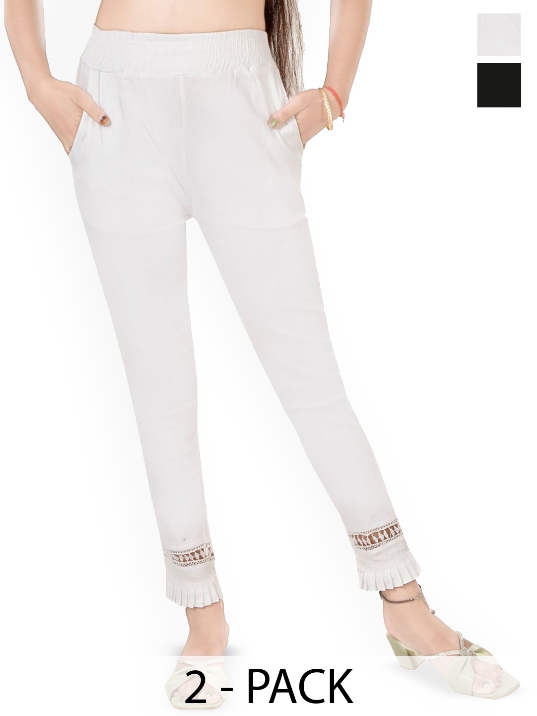 

Fessist Women Pack Of 2 Relaxed Slim Fit Easy Wash Pleated Cigarette Trousers, Multi