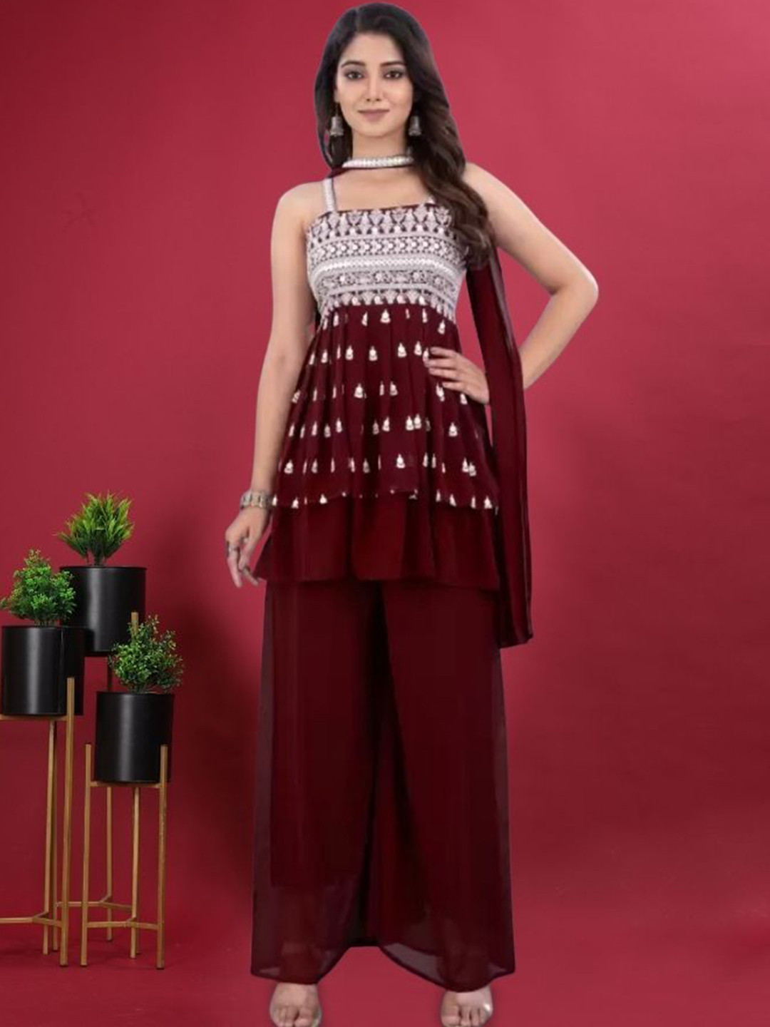 

PARROT CREATION Floral Embroidered Thread Work Georgette Kurti With Palazzos And Dupatta, Maroon