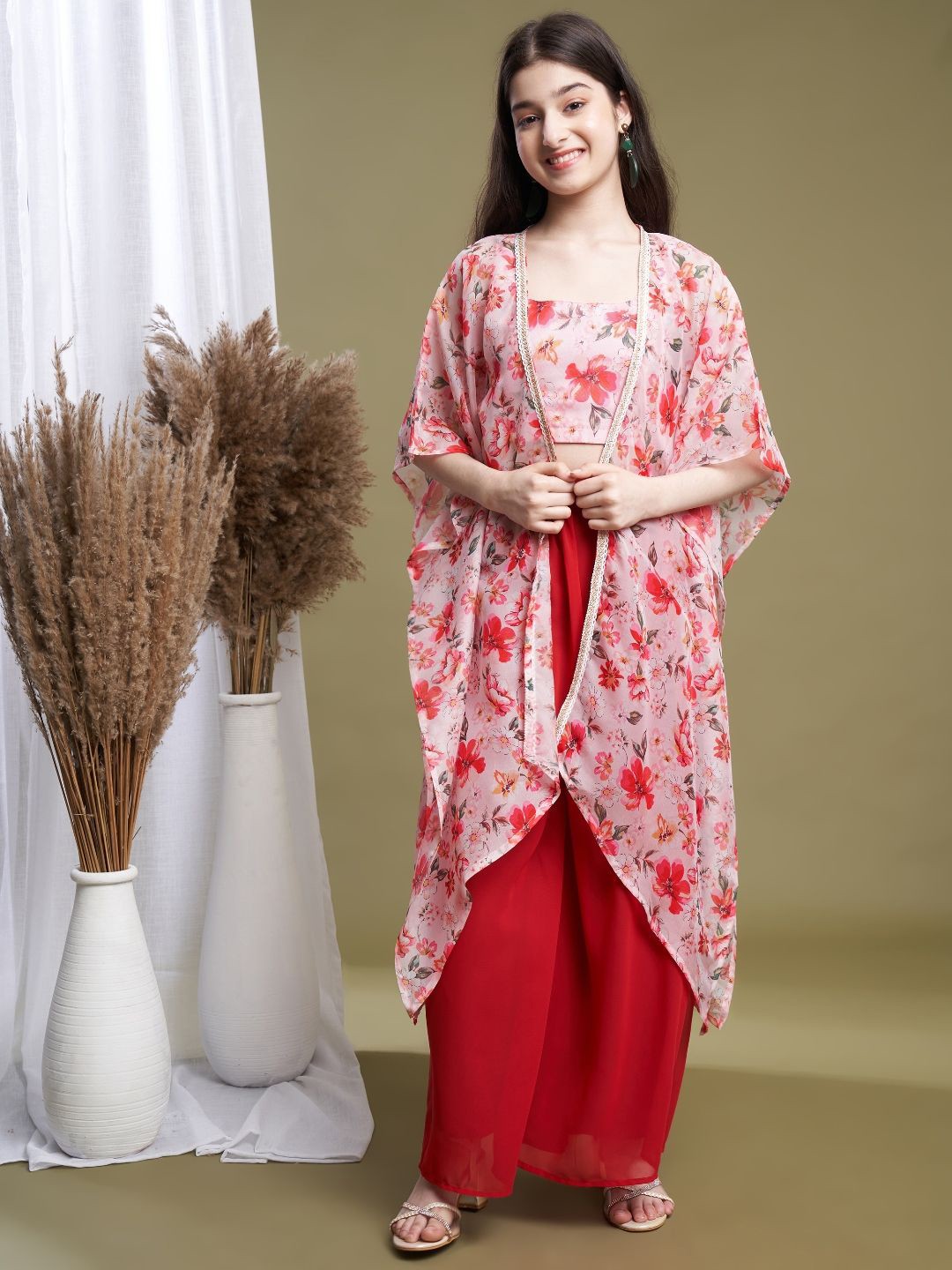 

CurlyTales Floral Print Georgette Kaftan Dress, Pink