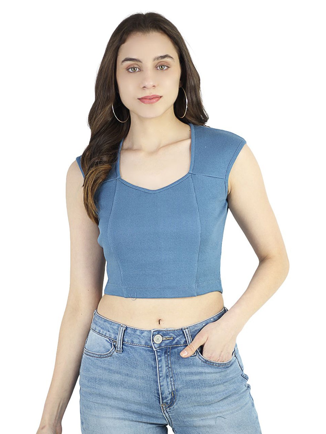 

ARTYSKA Women Sweetheart Neck Sleeveless Crop Fitted Top, Blue